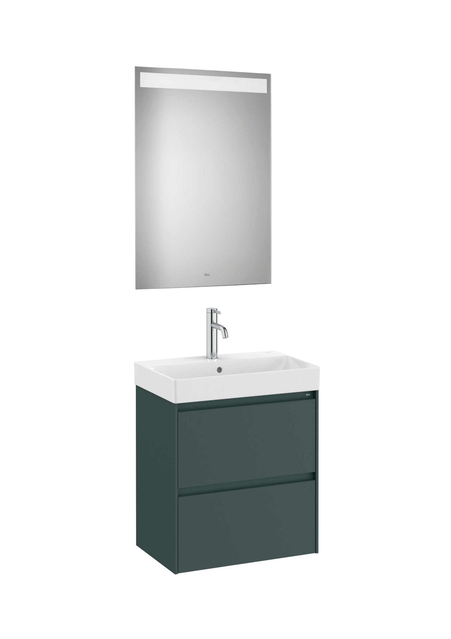 Roca - Mueble base Ona Pack compacto de dos cajones, lavabo de Fineceramic® y espejo LED Eidos - BricoandPool