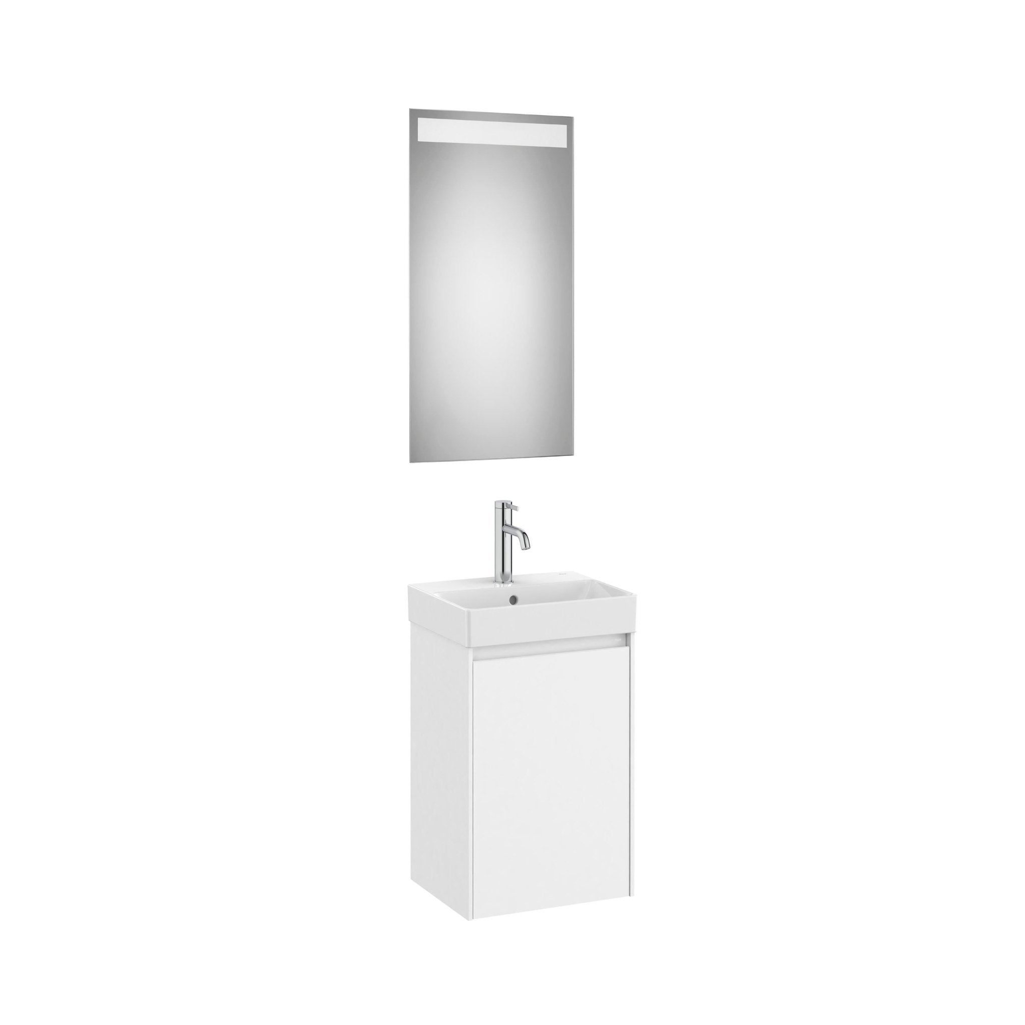 Roca - Mueble base Ona Pack compacto de una puerta, lavabo de Fineceramic® y espejo LED Eidos - BricoandPool