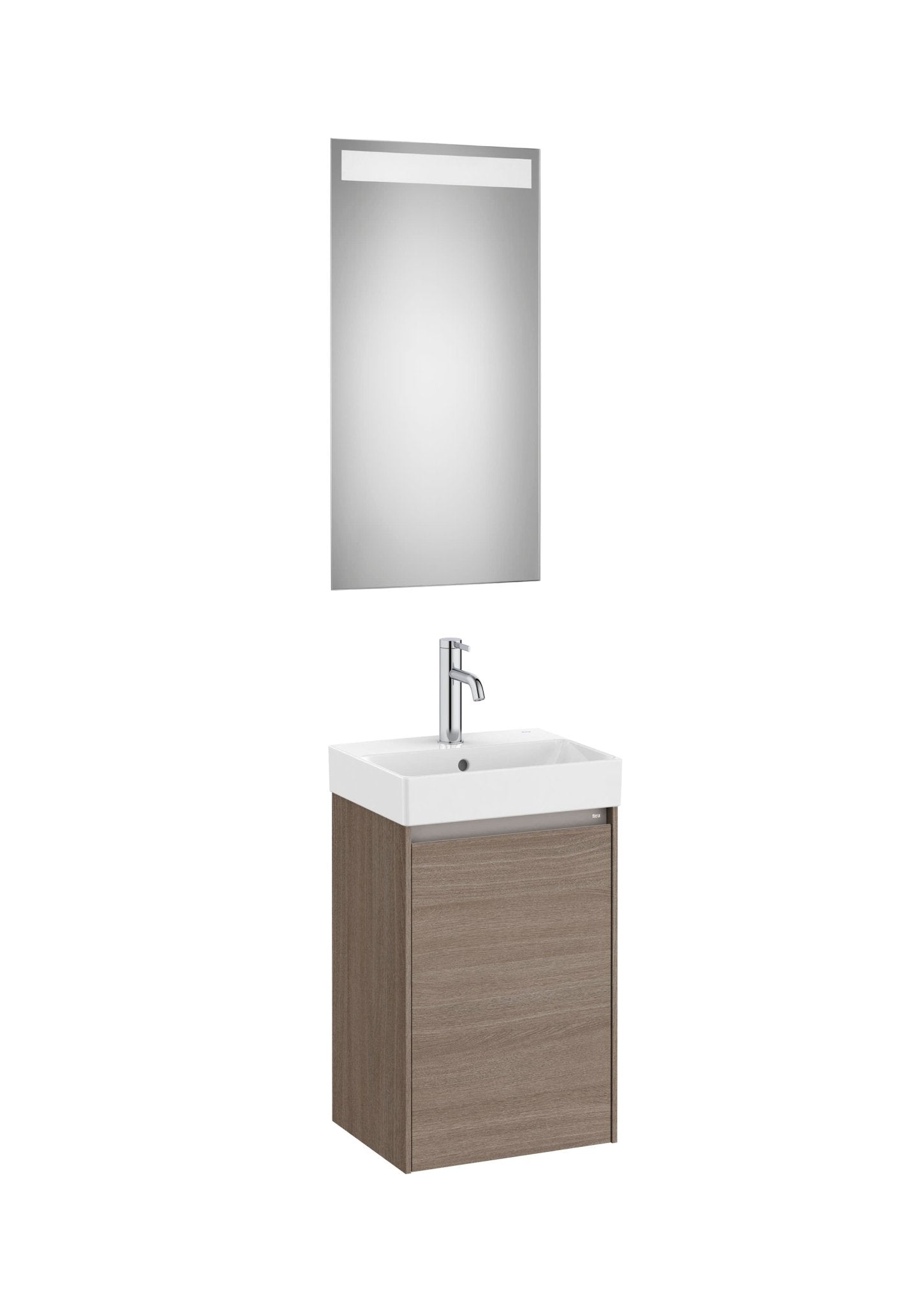 Roca - Mueble base Ona Pack compacto de una puerta, lavabo de Fineceramic® y espejo LED Eidos - BricoandPool