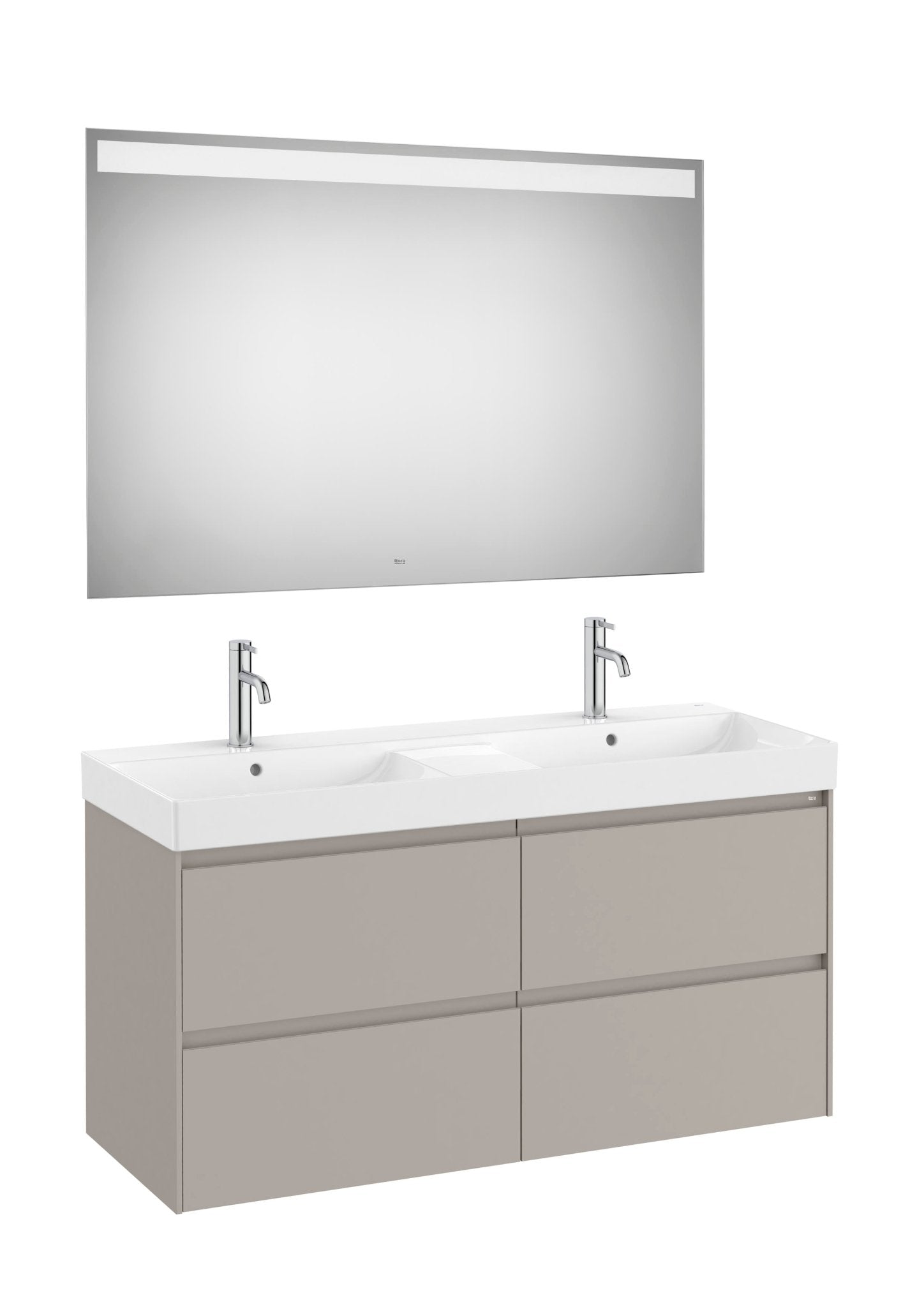Roca - Mueble base Ona Pack de cuatro cajones, lavabo doble y espejo LED Eidos - BricoandPool