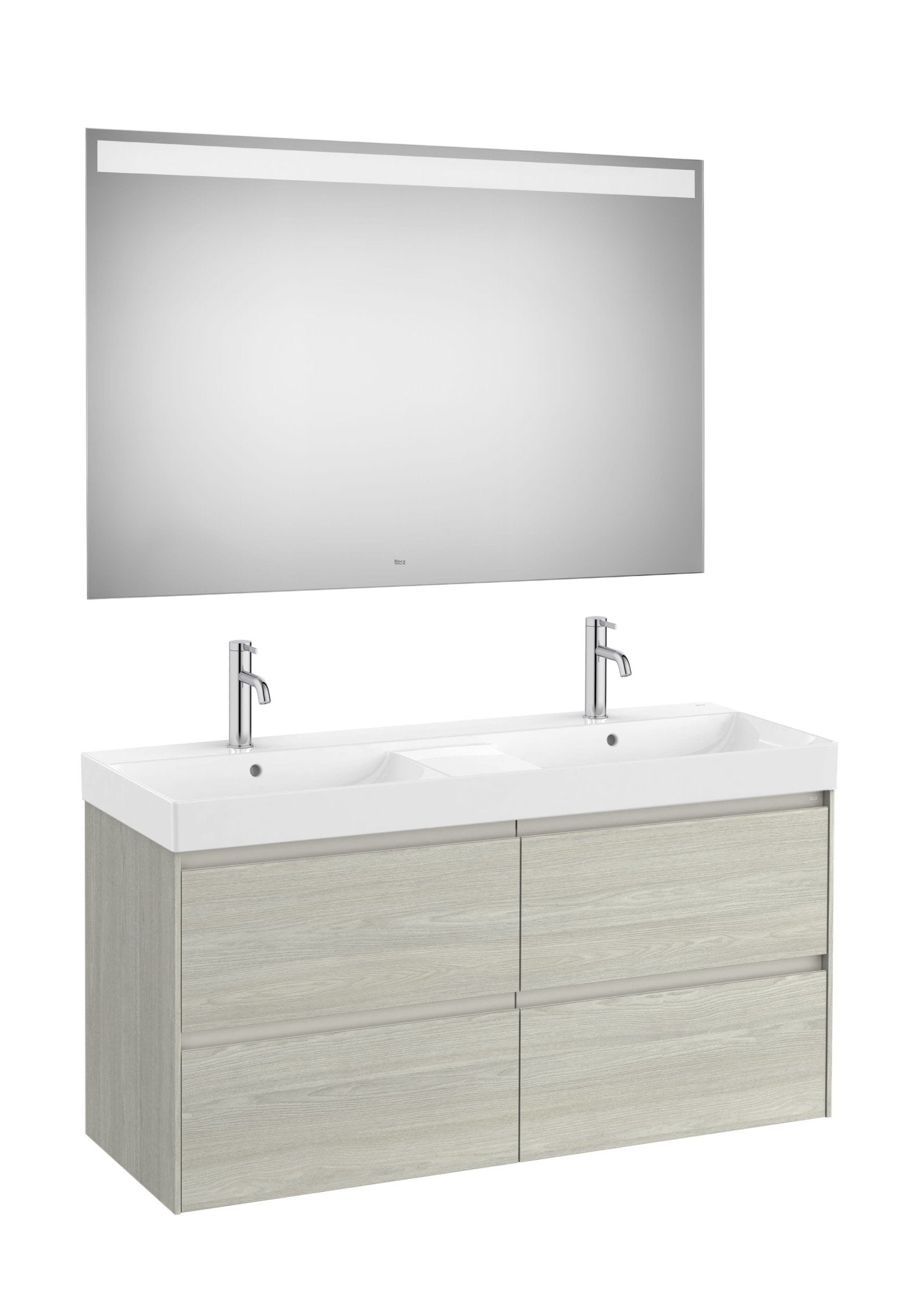 Roca - Mueble base Ona Pack de cuatro cajones, lavabo doble y espejo LED Eidos - BricoandPool