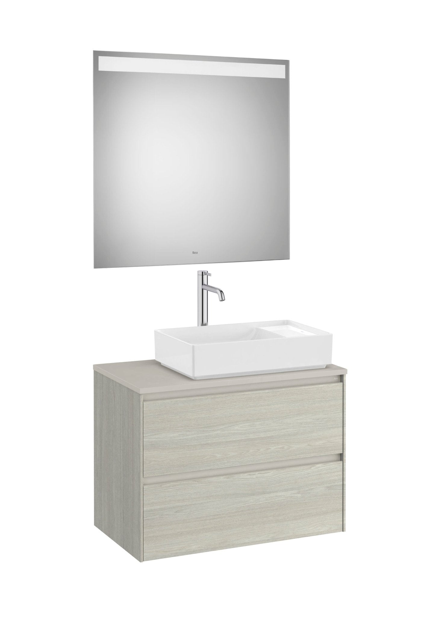 Roca - Mueble base Ona Pack de dos cajones para lavabo de sobre encimera a la derecha y espejo LED Eidos - BricoandPool