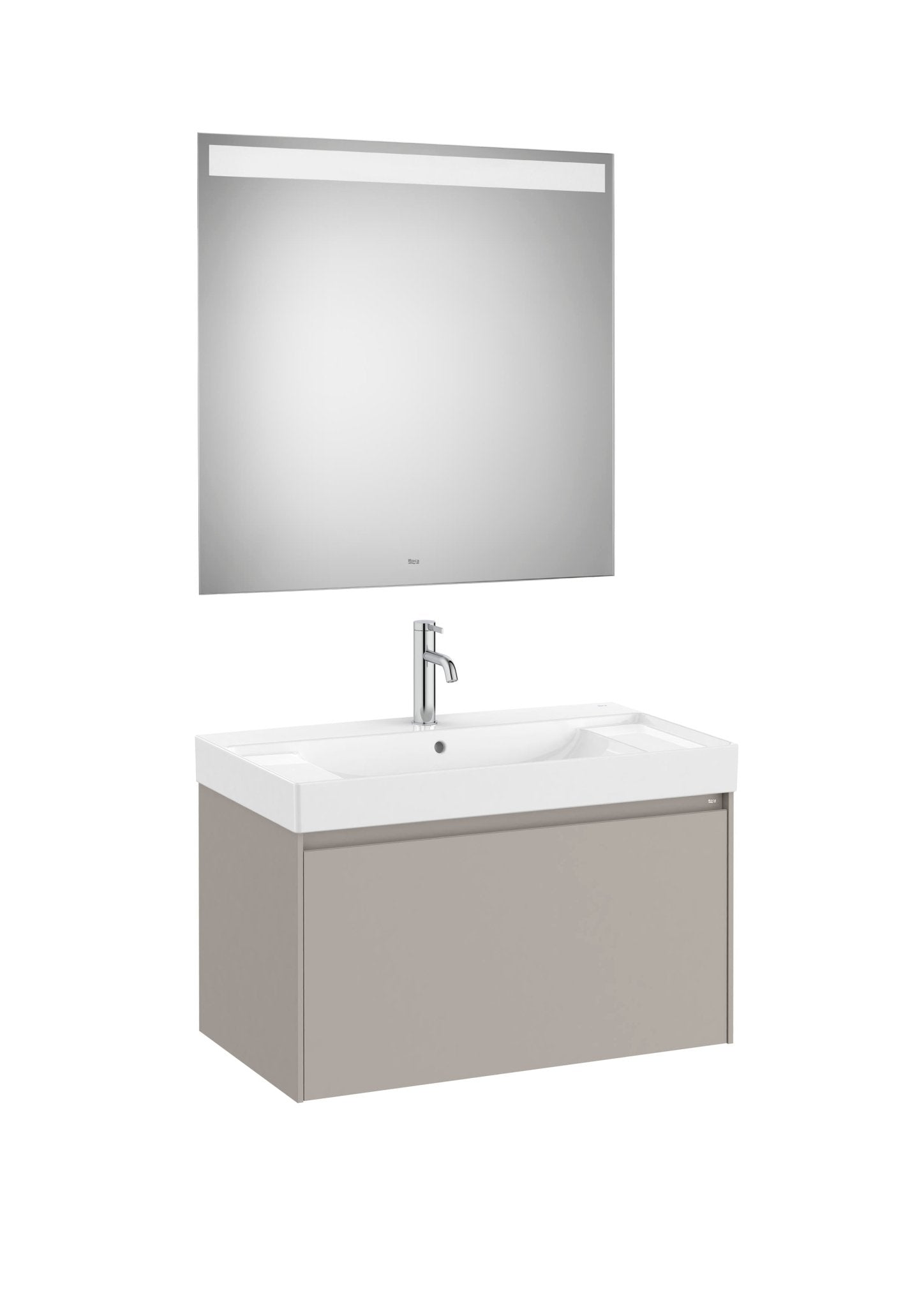 Roca - Mueble base Ona Pack de un cajón, lavabo centrado de Fineceramic® y espejo LED Eidos - BricoandPool