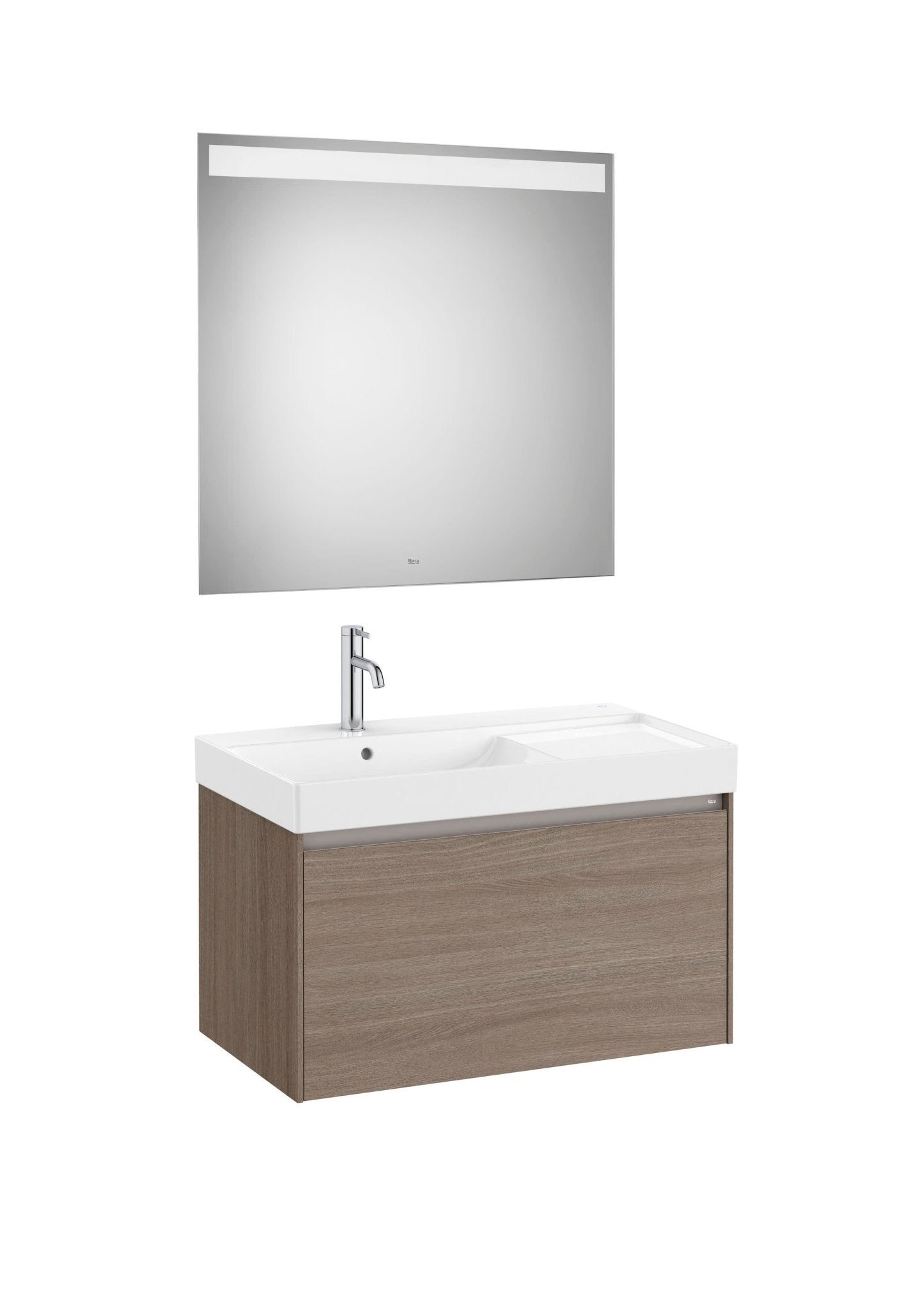 Roca - Mueble base Ona Pack de un cajón, lavabo centrado de Fineceramic® y espejo LED Eidos - BricoandPool