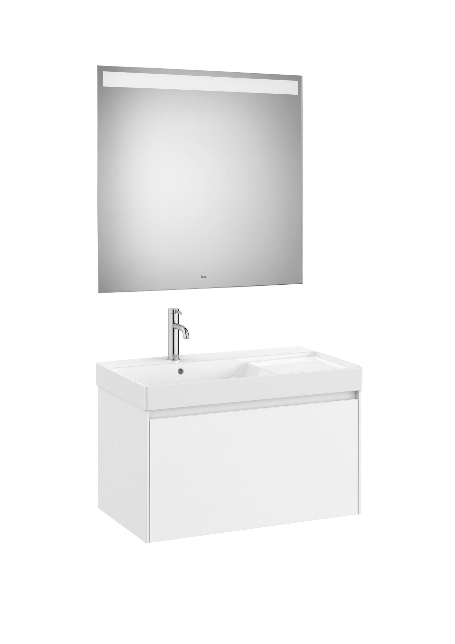 Roca - Mueble base Ona Pack de un cajón, lavabo centrado de Fineceramic® y espejo LED Eidos - BricoandPool