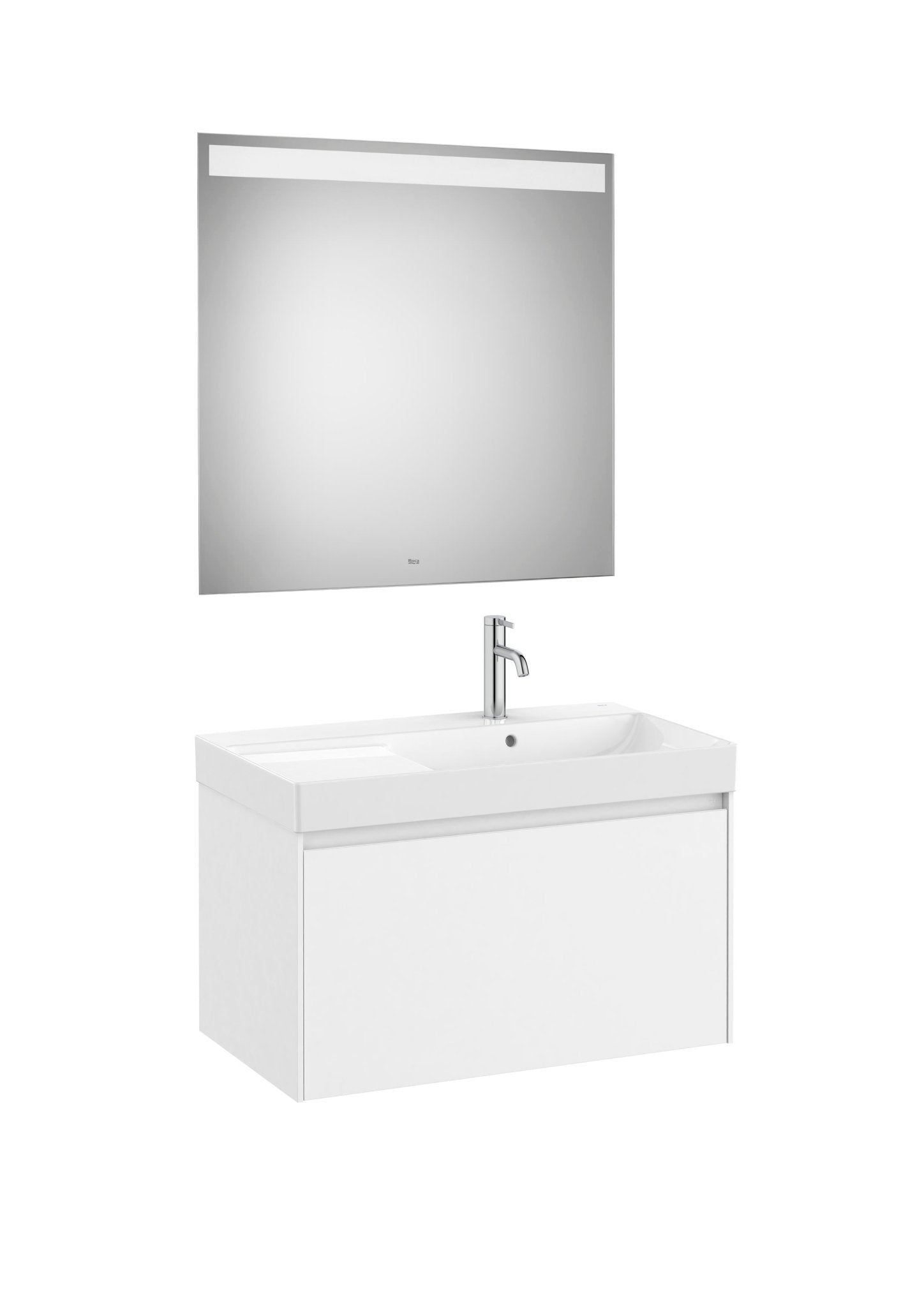 Roca - Mueble base Ona Pack de un cajón, lavabo centrado de Fineceramic® y espejo LED Eidos - BricoandPool