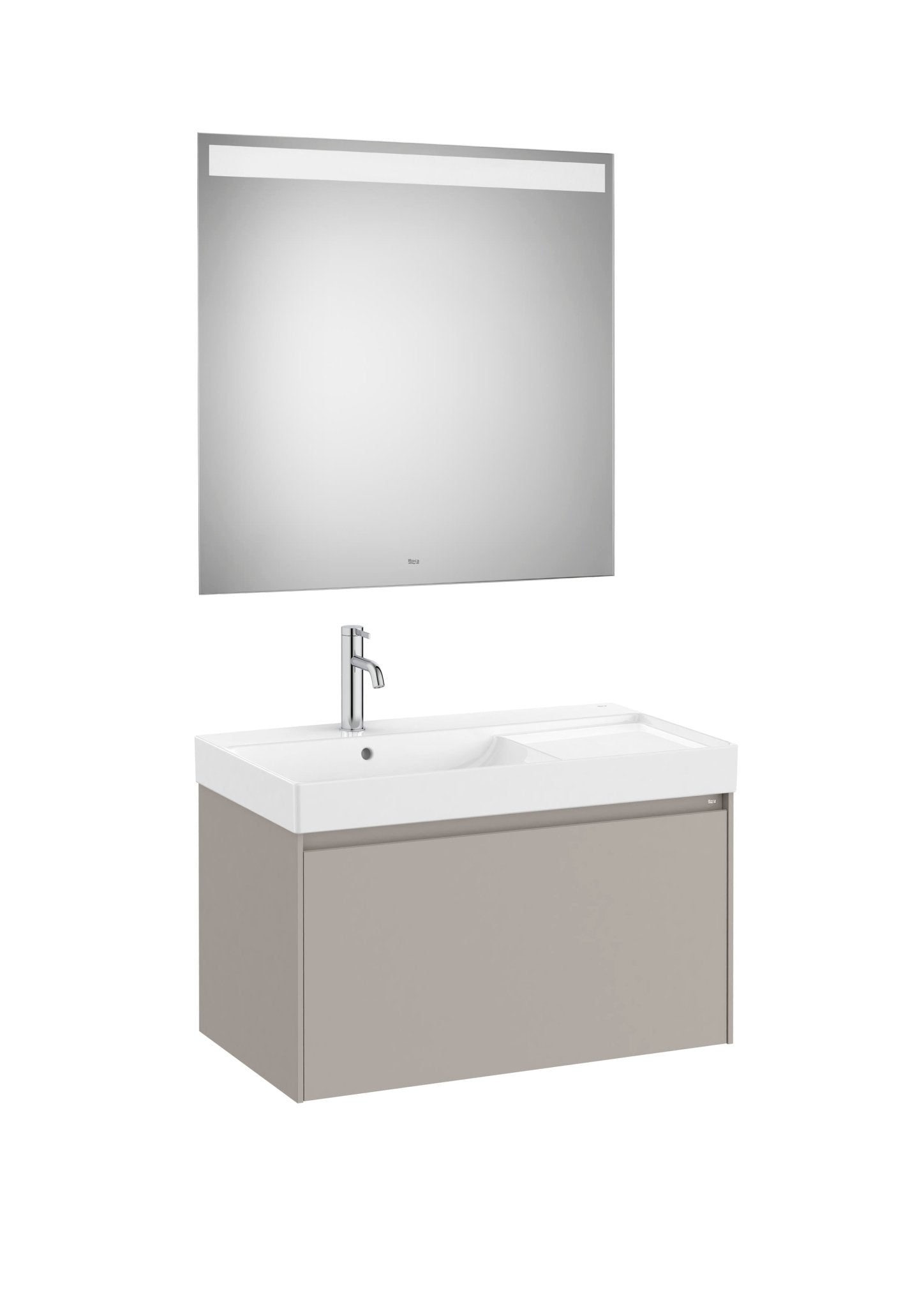 Roca - Mueble base Ona Pack de un cajón, lavabo centrado de Fineceramic® y espejo LED Eidos - BricoandPool