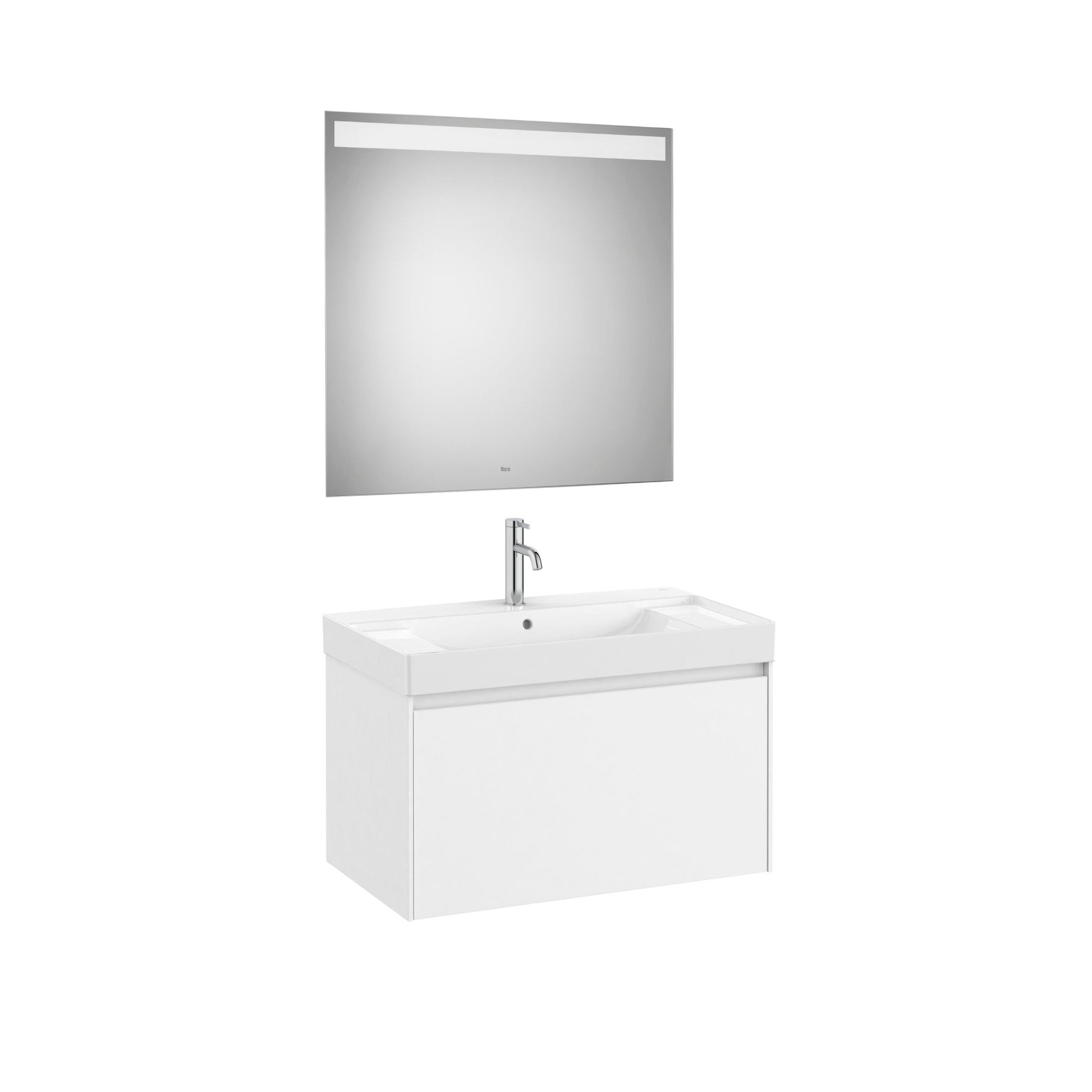 Roca - Mueble base Ona Pack de un cajón, lavabo centrado de Fineceramic® y espejo LED Eidos - BricoandPool
