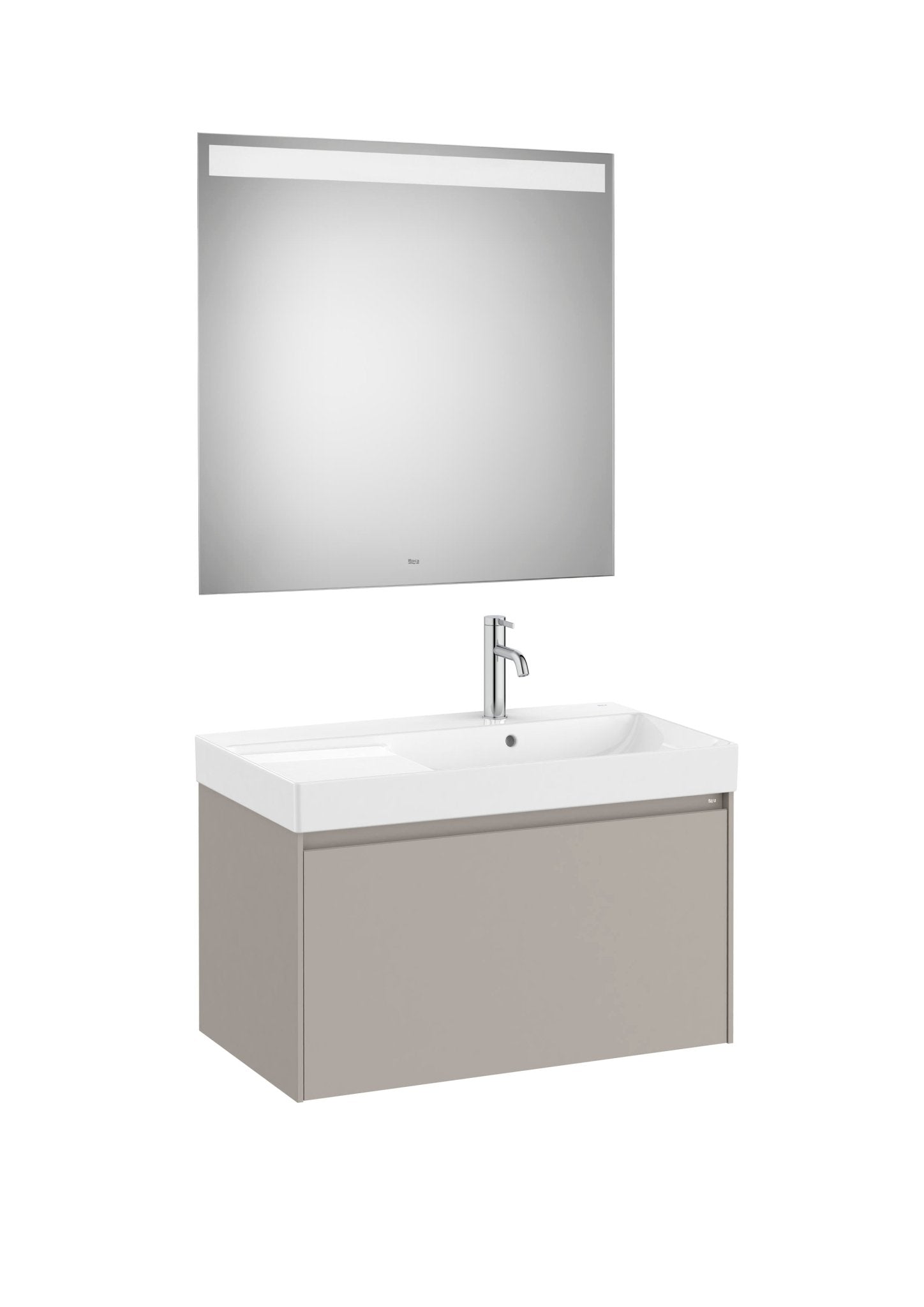 Roca - Mueble base Ona Pack de un cajón, lavabo centrado de Fineceramic® y espejo LED Eidos - BricoandPool