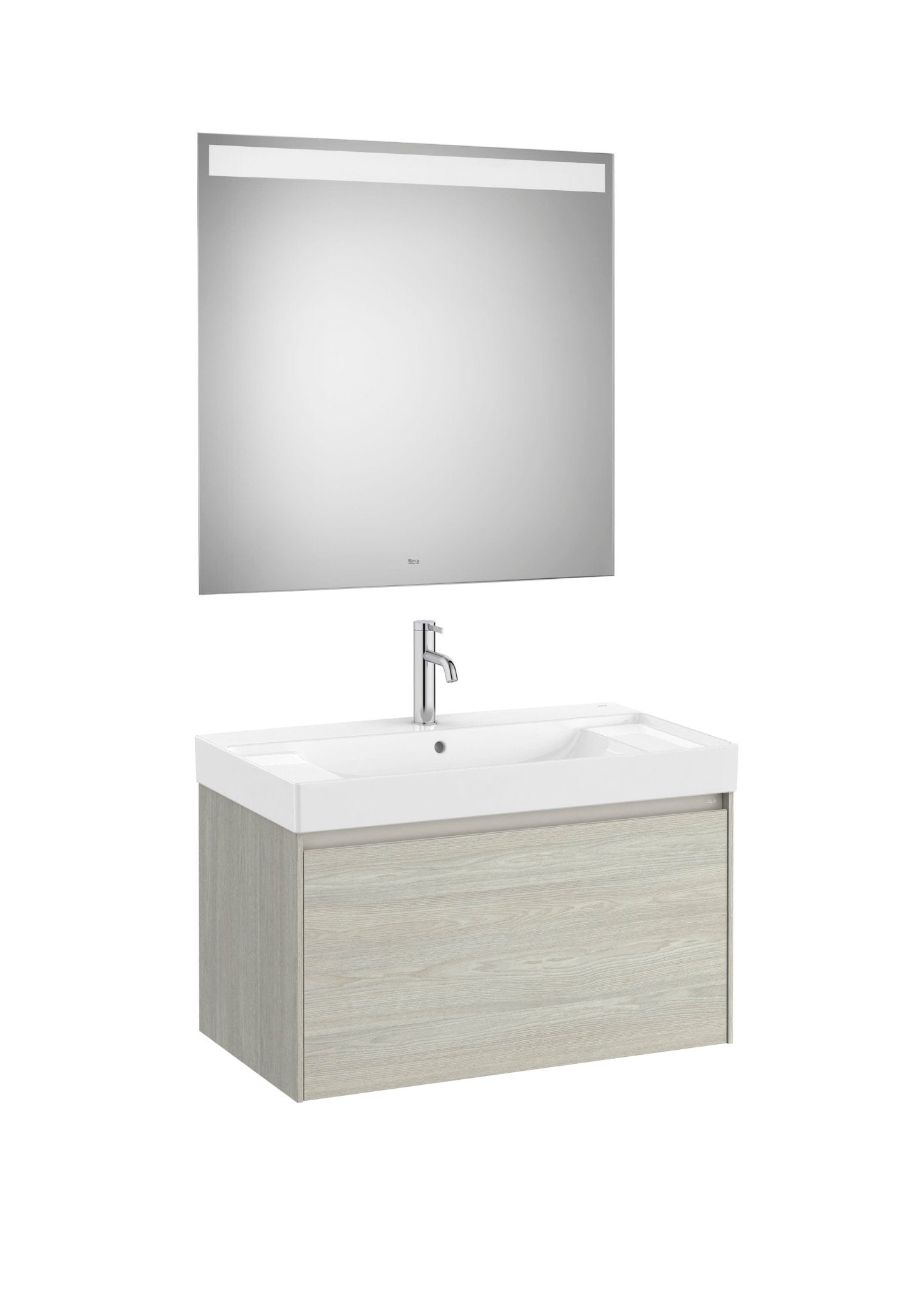 Roca - Mueble base Ona Pack de un cajón, lavabo centrado de Fineceramic® y espejo LED Eidos - BricoandPool