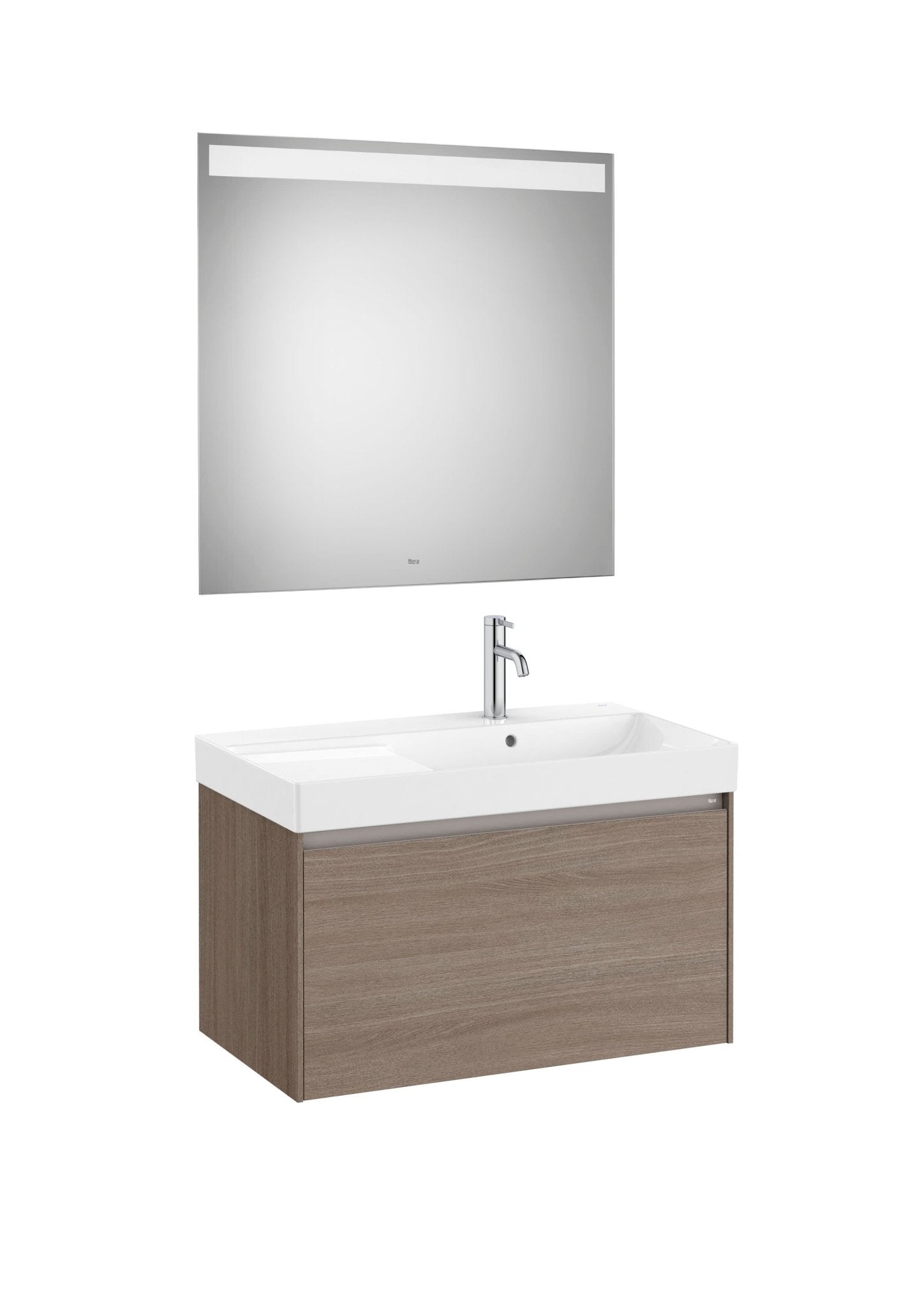 Roca - Mueble base Ona Pack de un cajón, lavabo centrado de Fineceramic® y espejo LED Eidos - BricoandPool