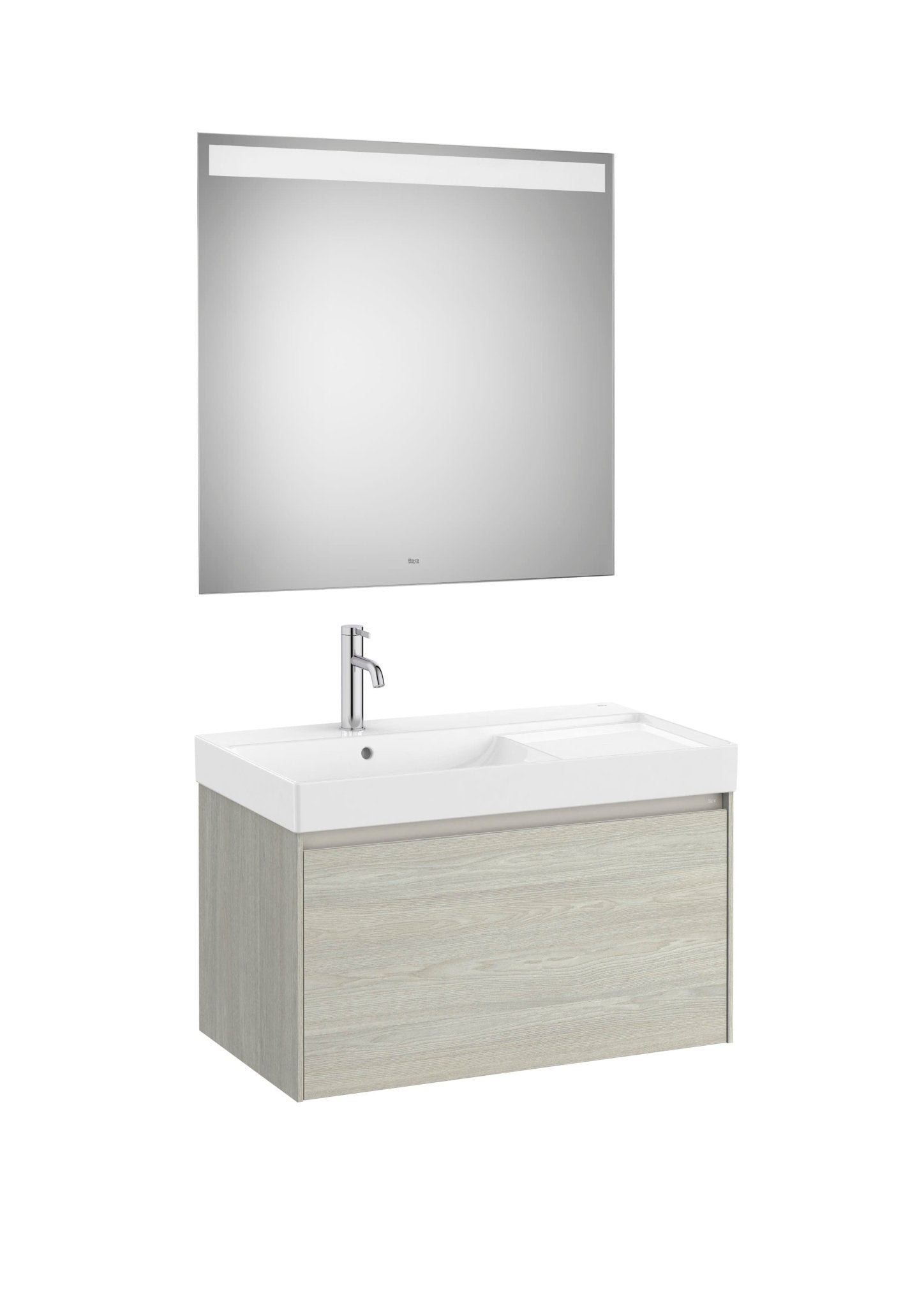 Roca - Mueble base Ona Pack de un cajón, lavabo centrado de Fineceramic® y espejo LED Eidos - BricoandPool