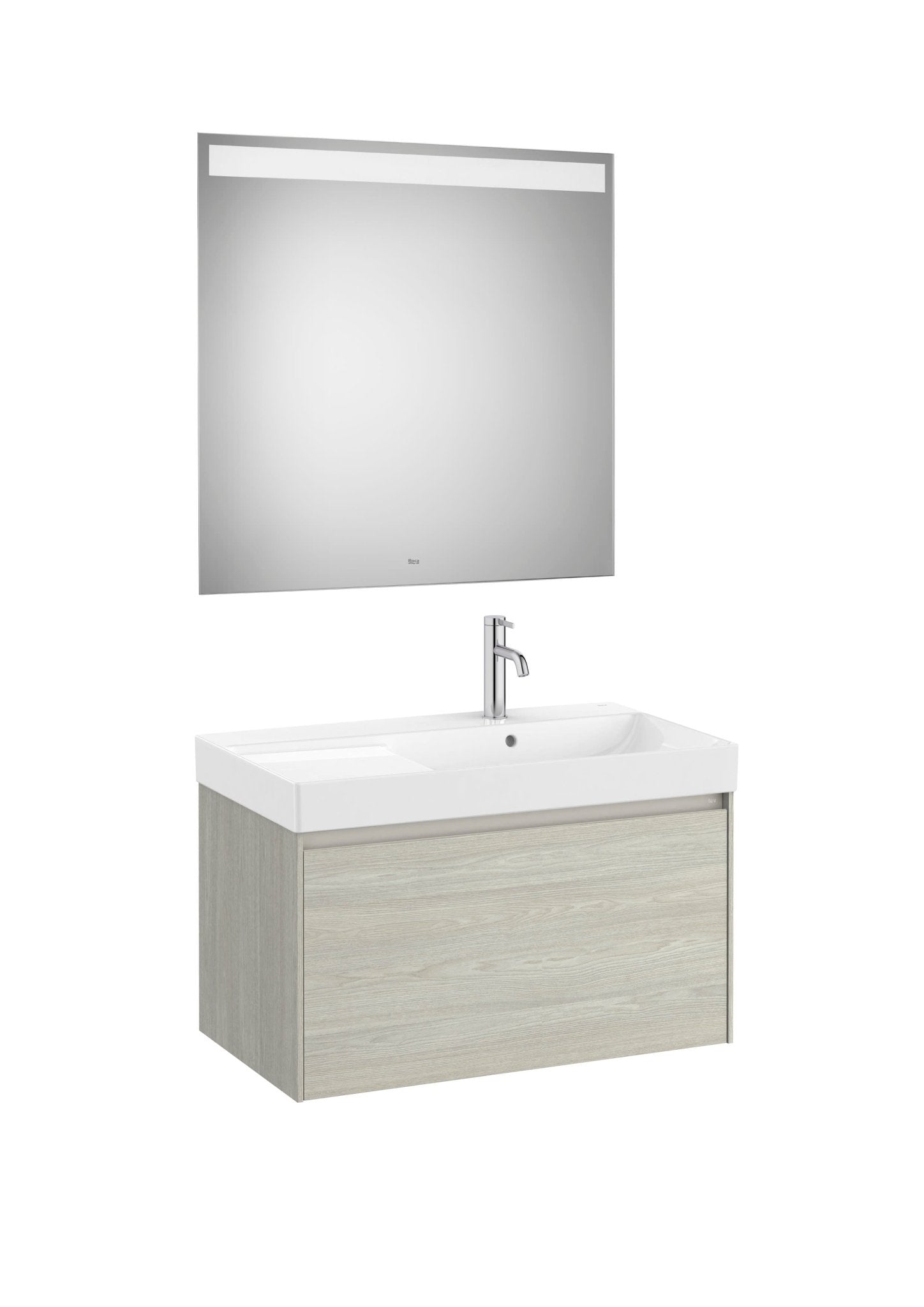 Roca - Mueble base Ona Pack de un cajón, lavabo centrado de Fineceramic® y espejo LED Eidos - BricoandPool