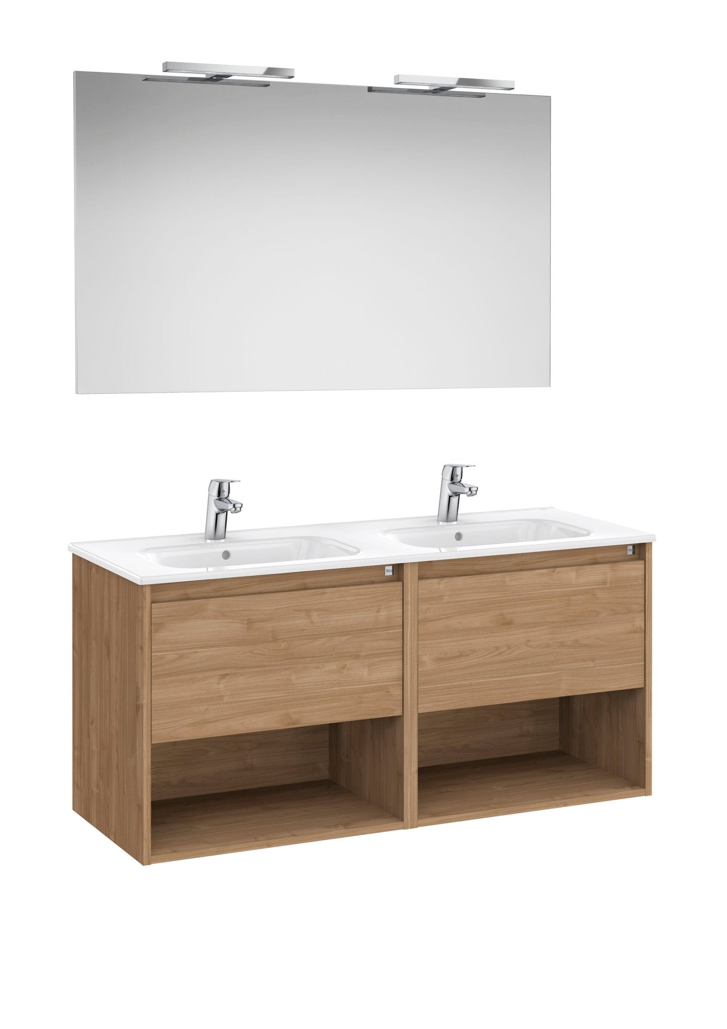 Roca - mueble base PAck de dos cajones, dos estantes abiertos en la parte inferior, lavabo doble, espejo y apliques LED - BricoandPool