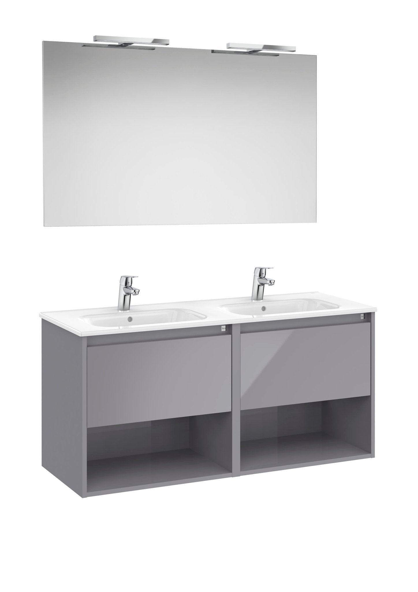 Roca - mueble base PAck de dos cajones, dos estantes abiertos en la parte inferior, lavabo doble, espejo y apliques LED - BricoandPool