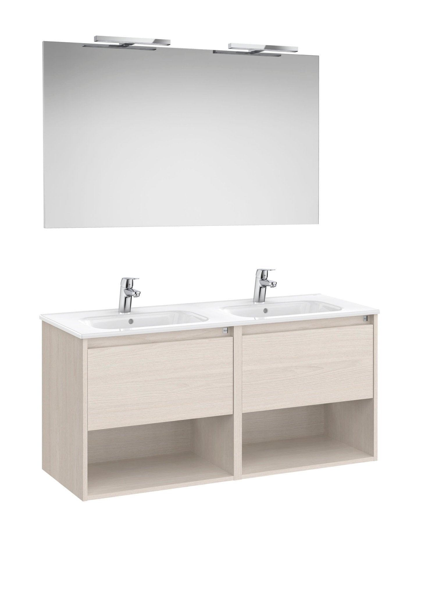 Roca - mueble base PAck de dos cajones, dos estantes abiertos en la parte inferior, lavabo doble, espejo y apliques LED - BricoandPool