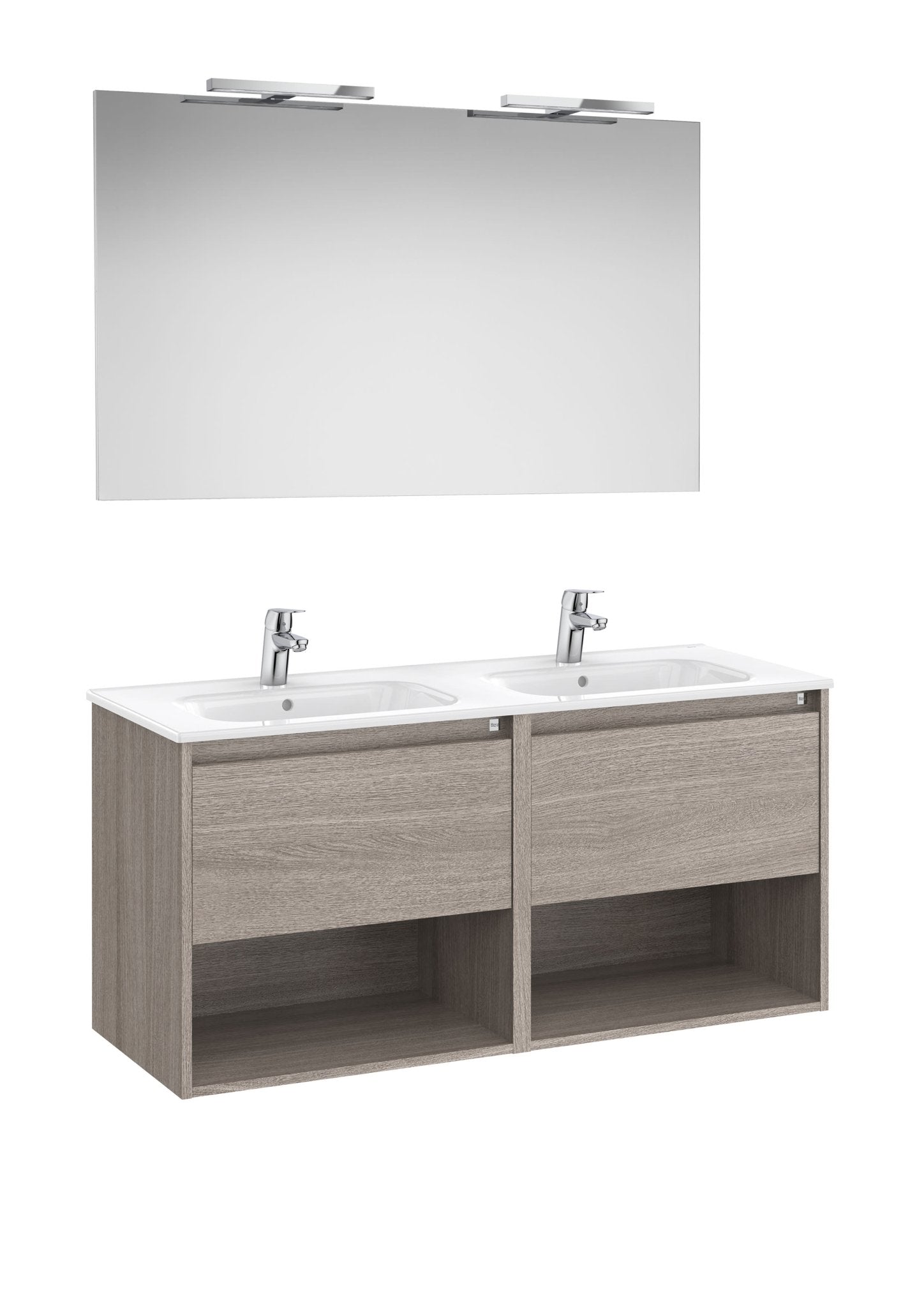 Roca - mueble base PAck de dos cajones, dos estantes abiertos en la parte inferior, lavabo doble, espejo y apliques LED - BricoandPool