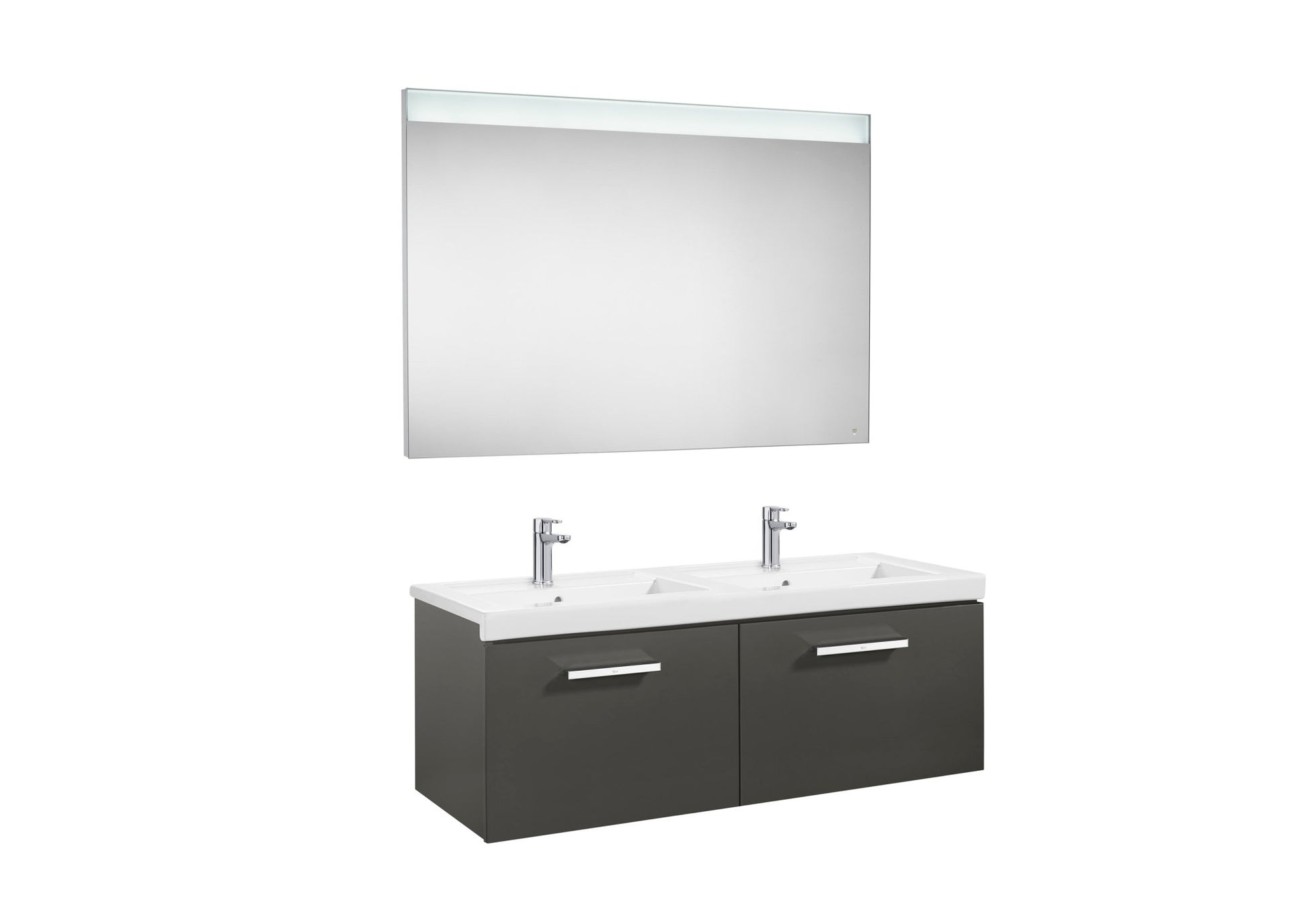 Roca - Mueble base Prisma Pack de dos cajones, lavabo doble y espejo LED - BricoandPool