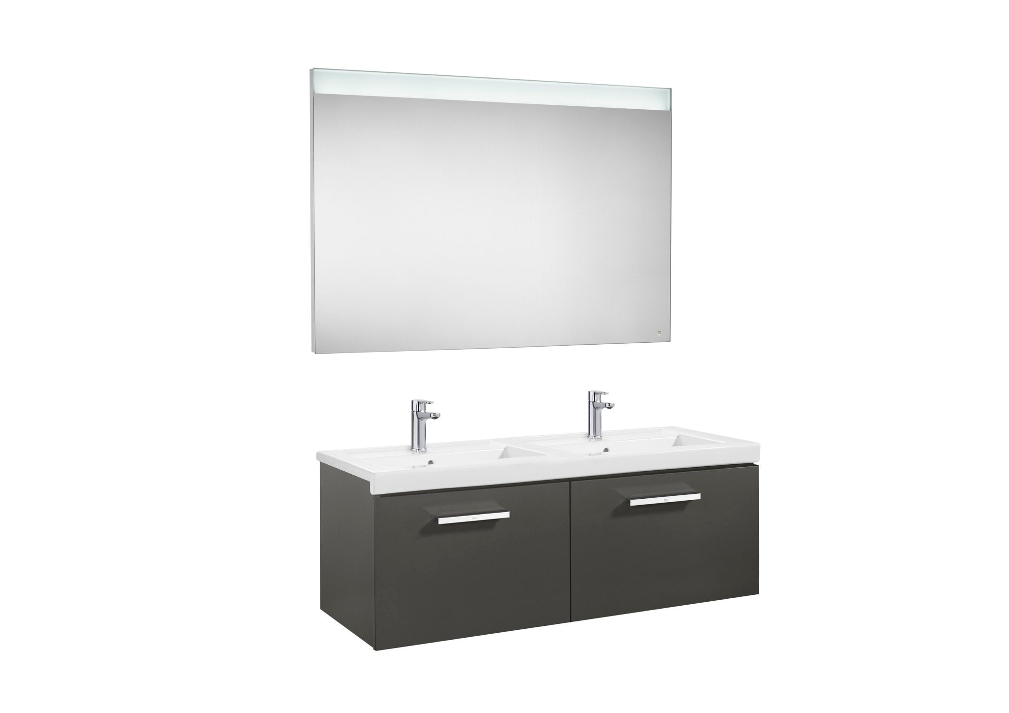Roca - Mueble base Prisma Pack de dos cajones, lavabo doble y espejo LED - BricoandPool