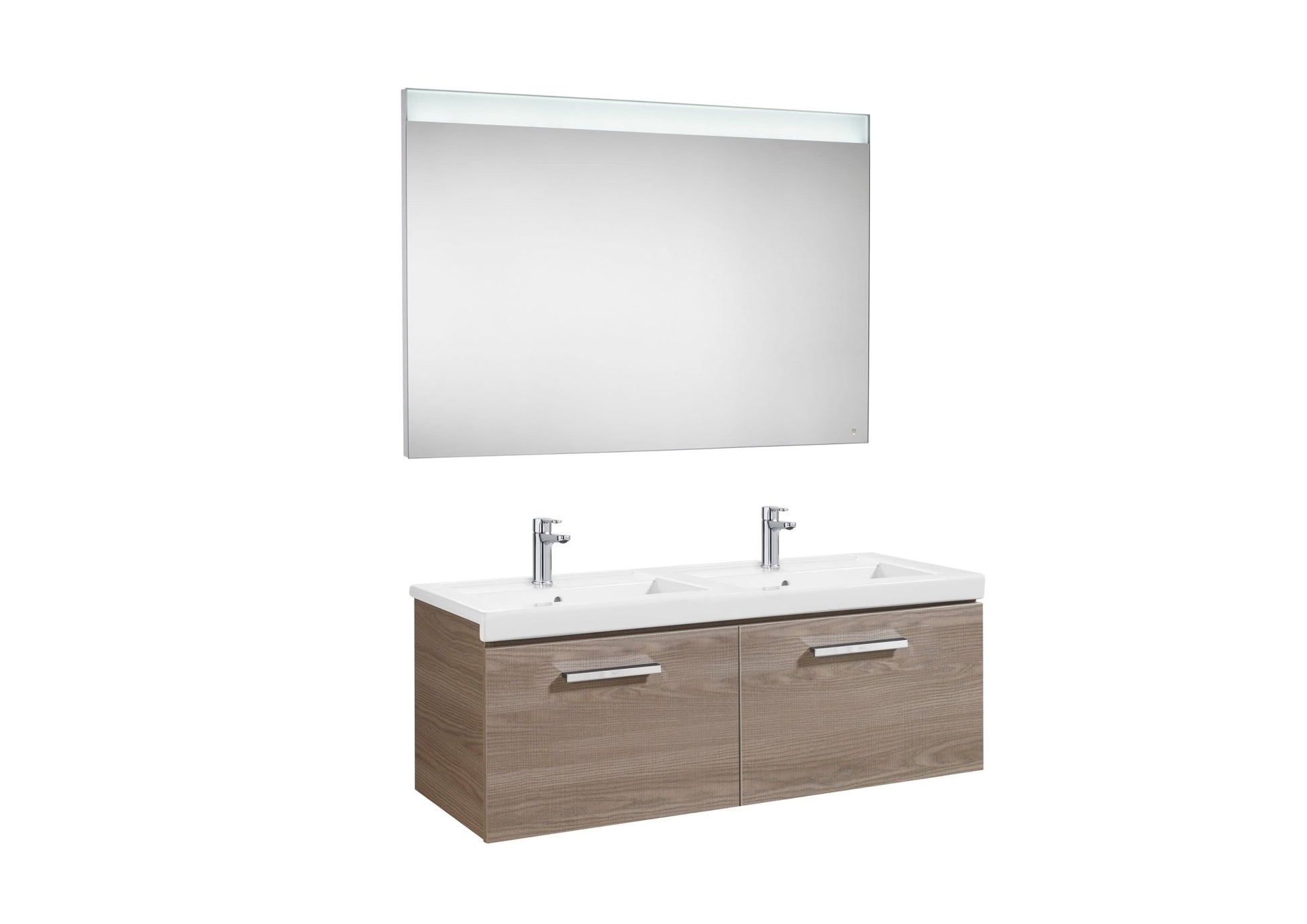 Roca - Mueble base Prisma Pack de dos cajones, lavabo doble y espejo LED - BricoandPool
