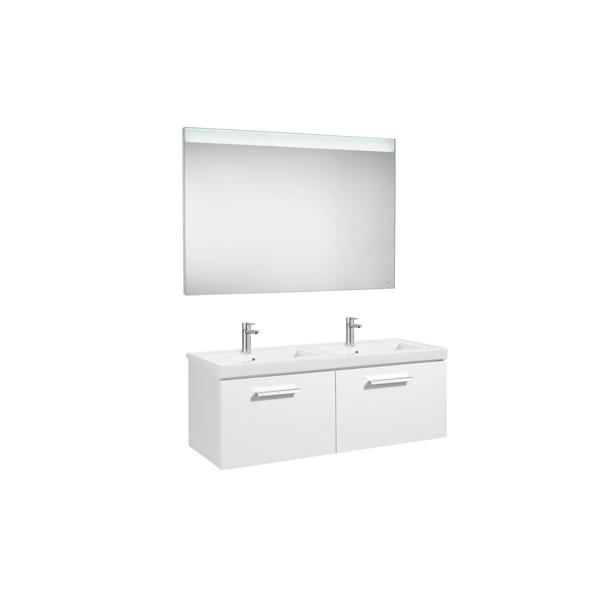 Roca - Mueble base Prisma Pack de dos cajones, lavabo doble y espejo LED - BricoandPool