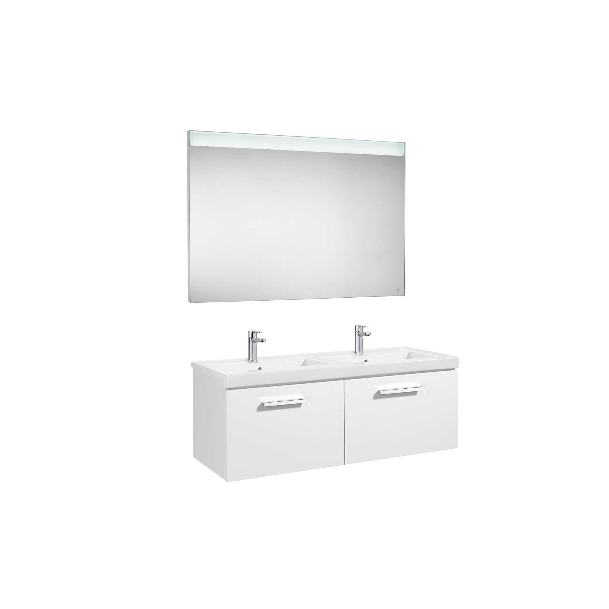 Roca - Mueble base Prisma Pack de dos cajones, lavabo doble y espejo LED - BricoandPool