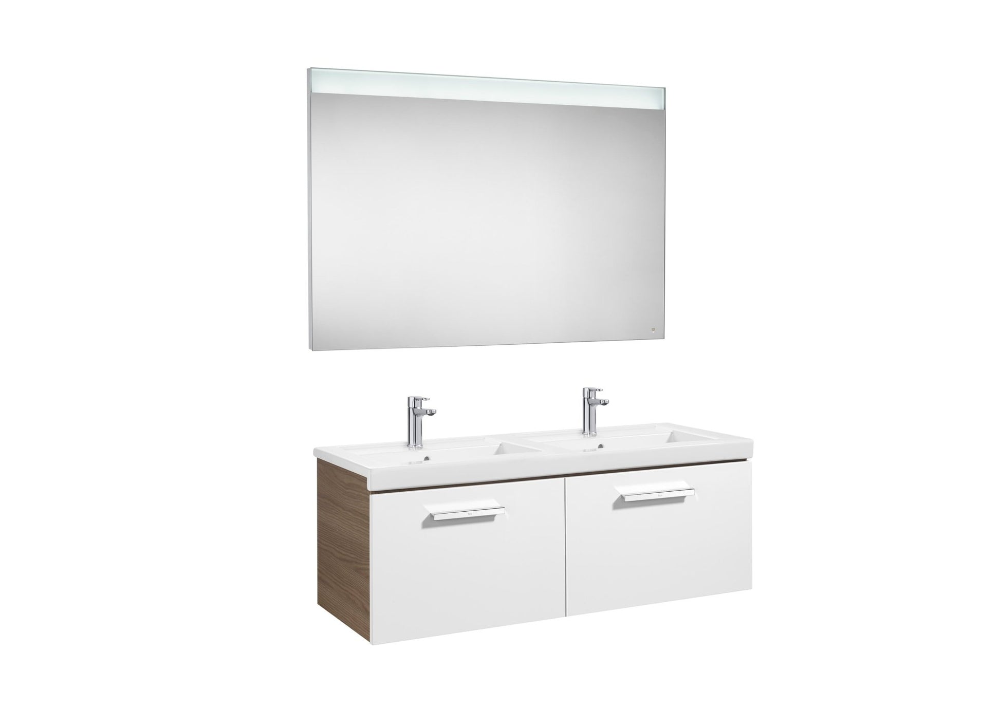 Roca - Mueble base Prisma Pack de dos cajones, lavabo doble y espejo LED - BricoandPool