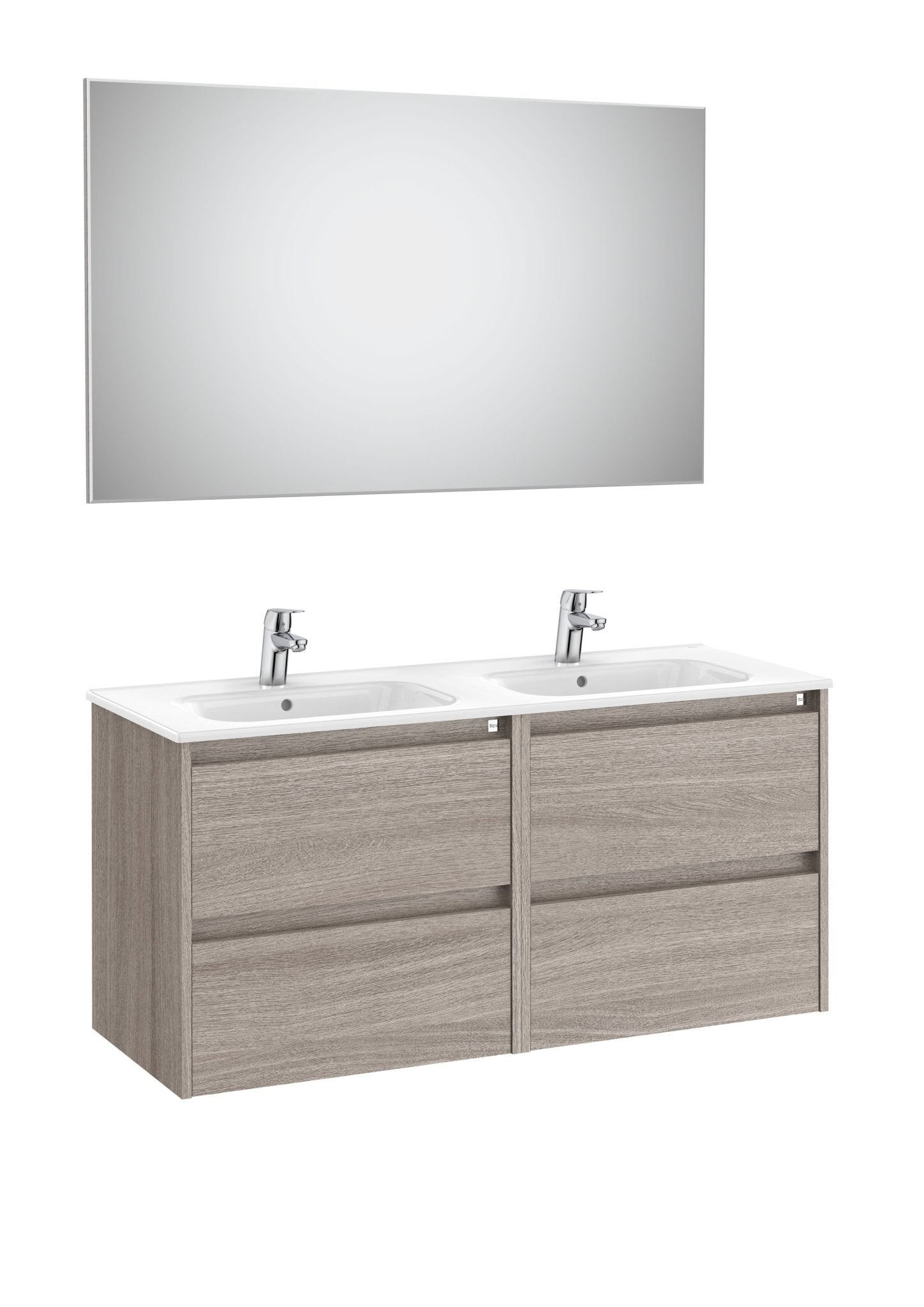 Roca - Mueble base Tenet Pack de cuatro cajones, lavabo doble, espejo y aplique LED - BricoandPool