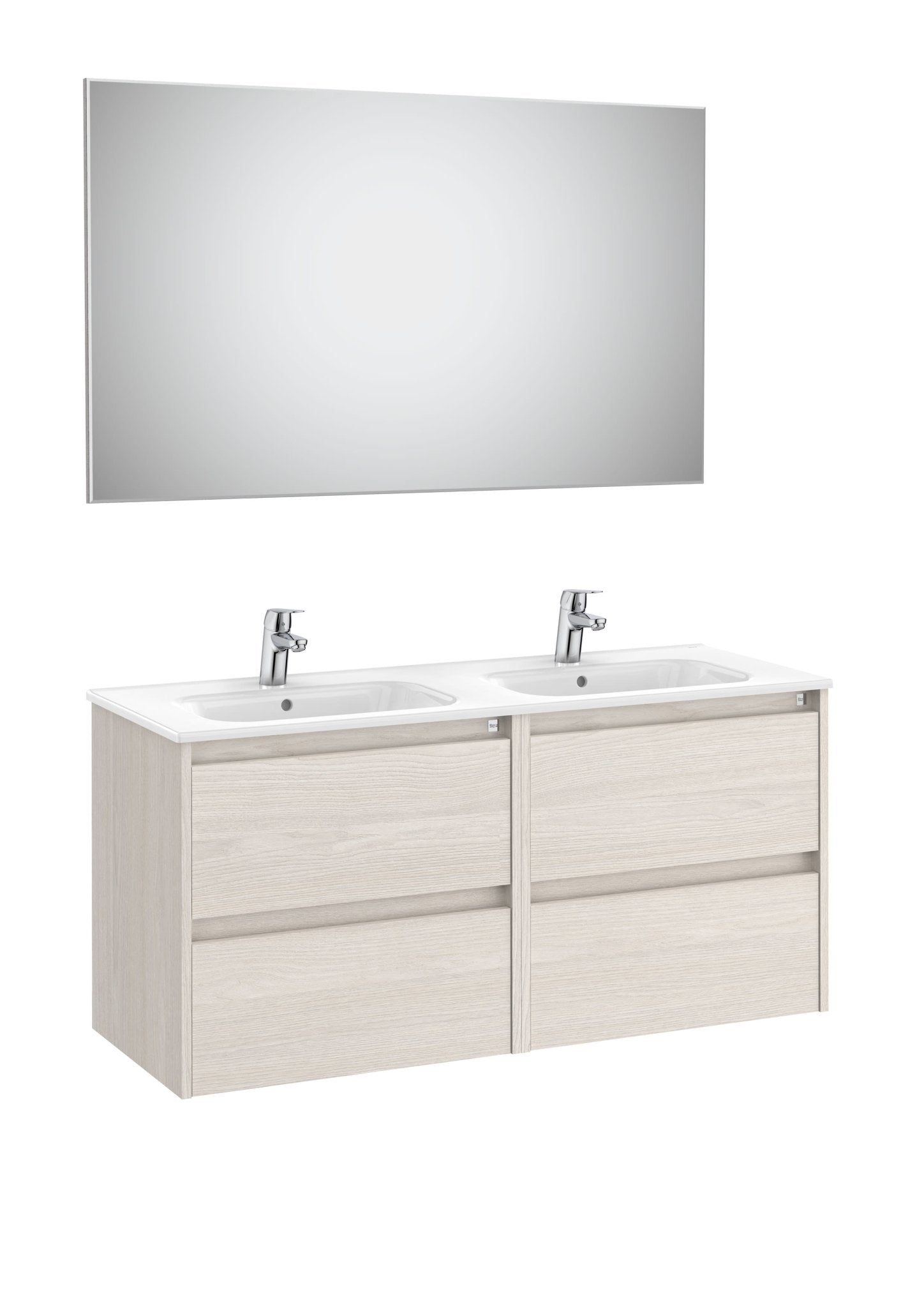 Roca - Mueble base Tenet Pack de cuatro cajones, lavabo doble, espejo y aplique LED - BricoandPool