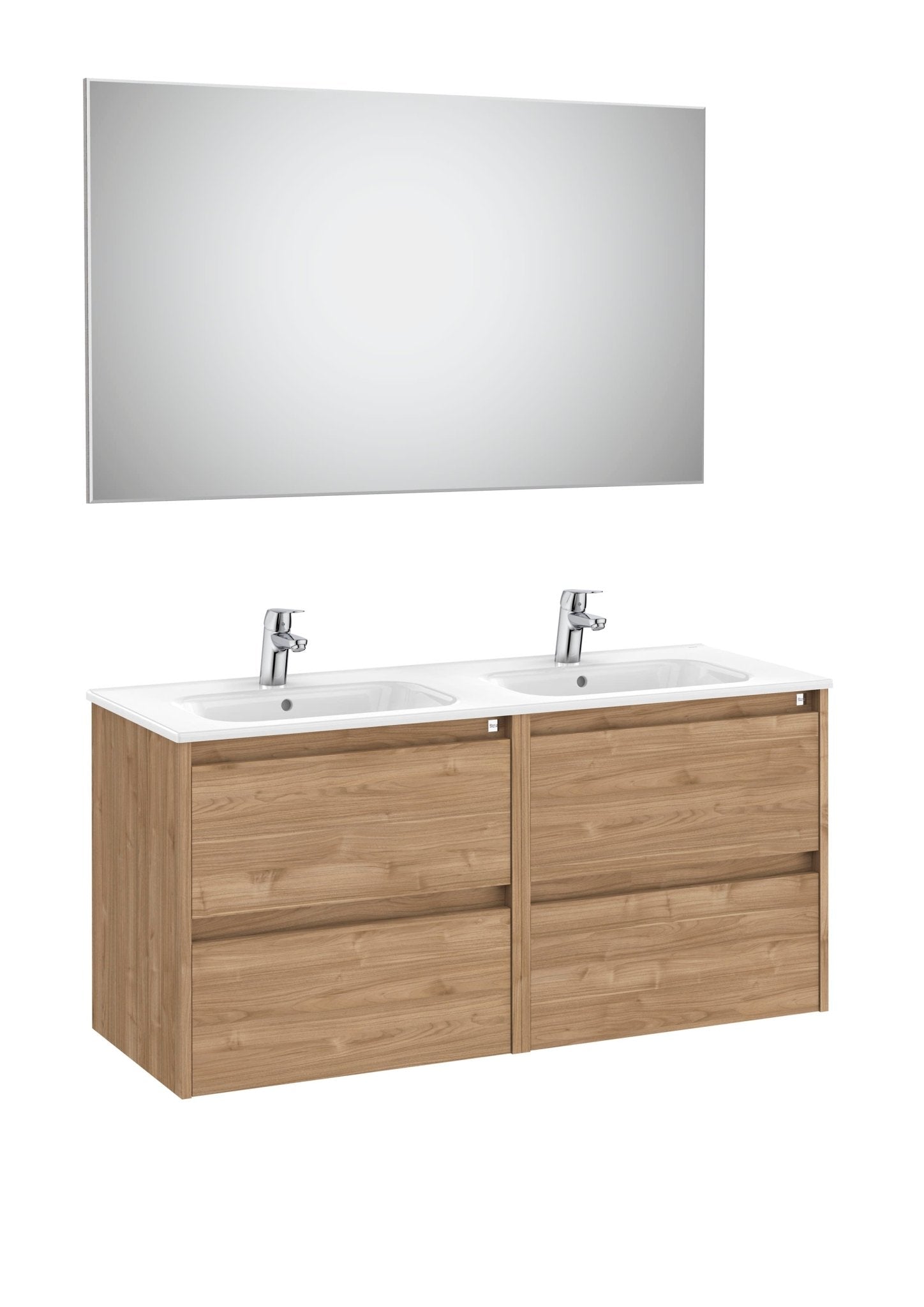 Roca - Mueble base Tenet Pack de cuatro cajones, lavabo doble, espejo y aplique LED - BricoandPool