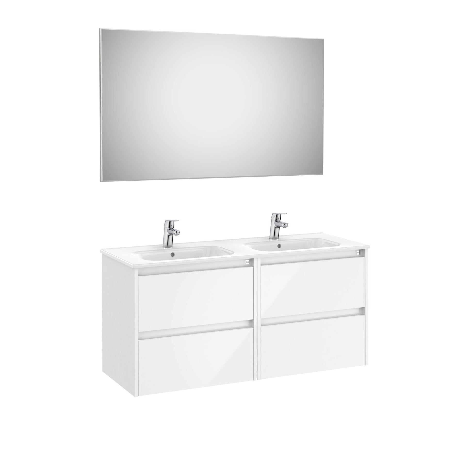 Roca - Mueble base Tenet Pack de cuatro cajones, lavabo doble, espejo y aplique LED - BricoandPool