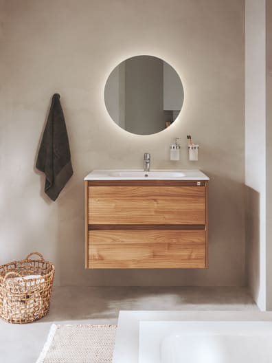 Roca - Mueble base Tenet Pack de dos cajones, lavabo, espejo y aplique LED Nogal - BricoandPool
