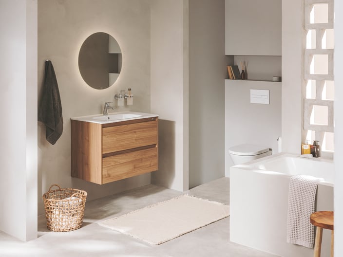 Roca - Mueble base Tenet Pack de dos cajones, lavabo, espejo y aplique LED Nogal - BricoandPool