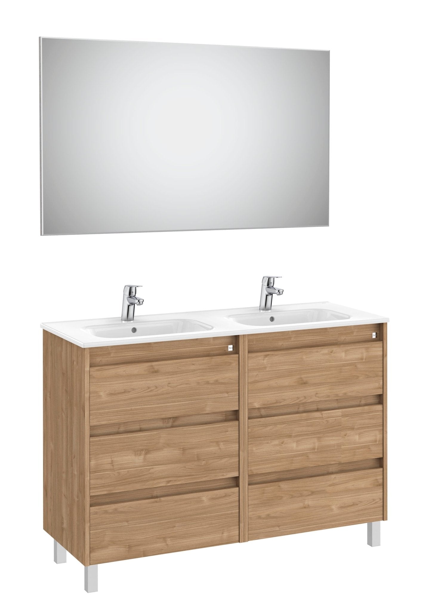 Roca - Mueble base Tenet Pack de seis cajones, lavabo doble, espejo y aplique LED - BricoandPool