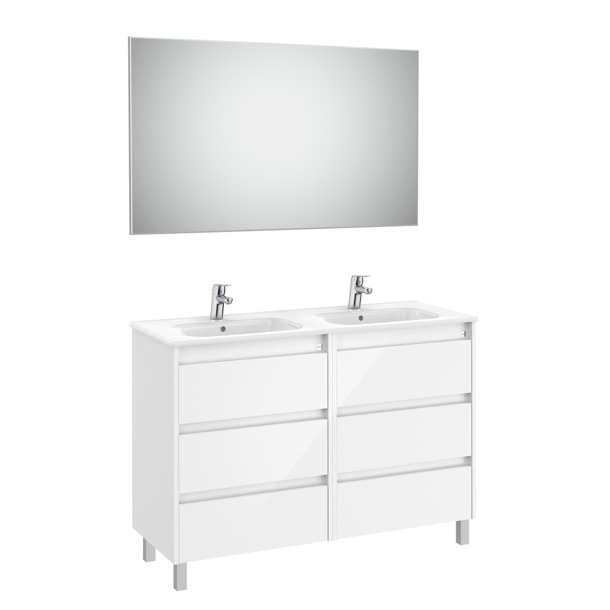 Roca - Mueble base Tenet Pack de seis cajones, lavabo doble, espejo y aplique LED - BricoandPool