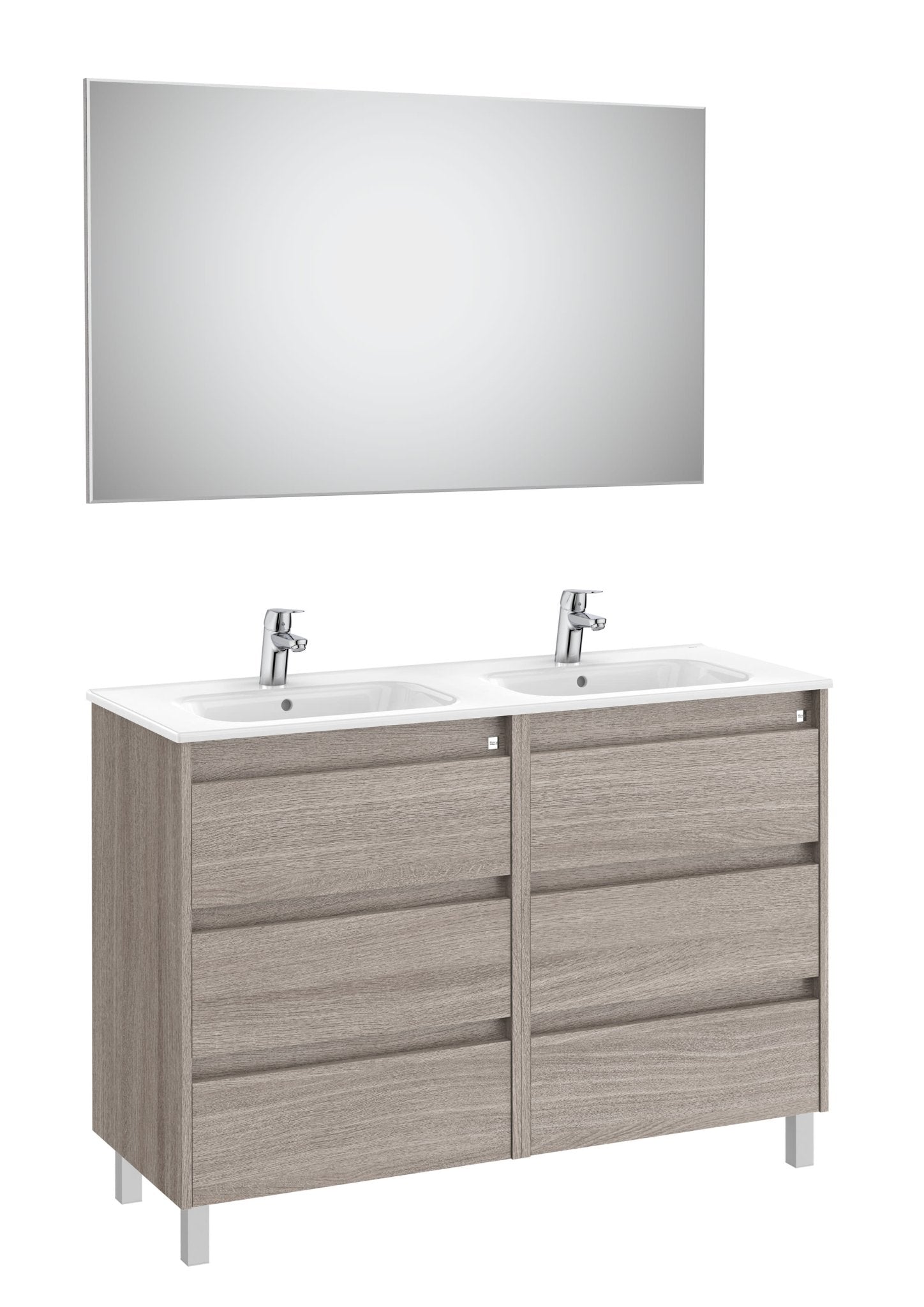 Roca - Mueble base Tenet Pack de seis cajones, lavabo doble, espejo y aplique LED - BricoandPool