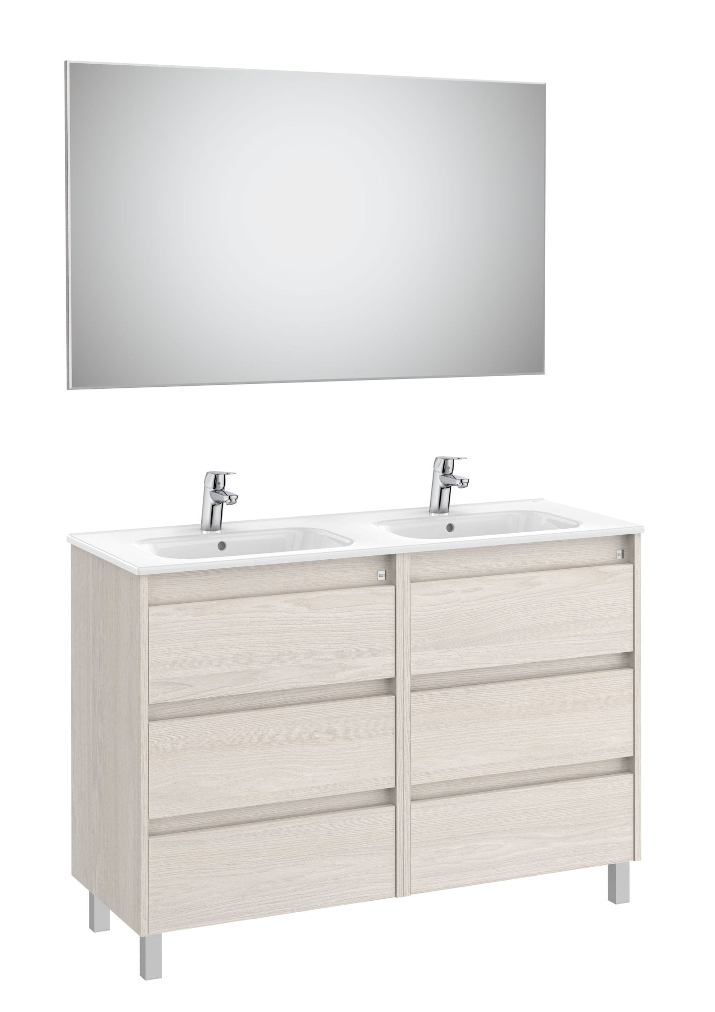 Roca - Mueble base Tenet Pack de seis cajones, lavabo doble, espejo y aplique LED - BricoandPool