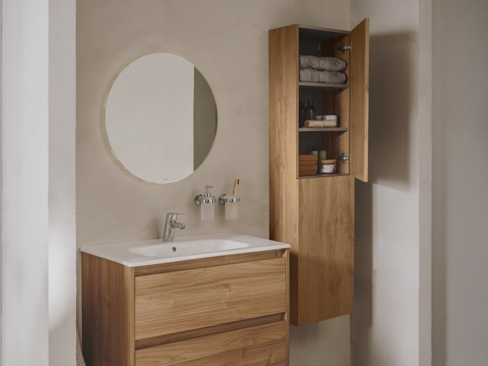 Roca - Mueble base Tenet Pack de tres cajones, lavabo, espejo y aplique LED Nogal - BricoandPool