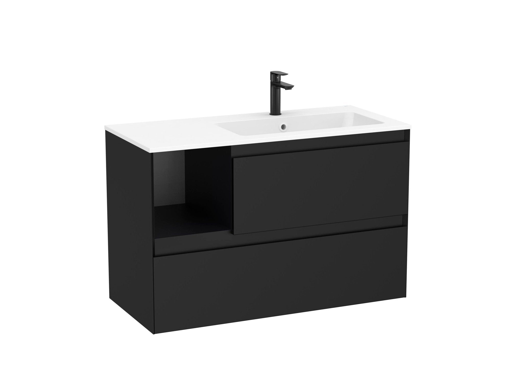 Roca - Mueble base Tenue Unik de dos cajones, estante lateral abierto y lavabo de Stonex® - BricoandPool