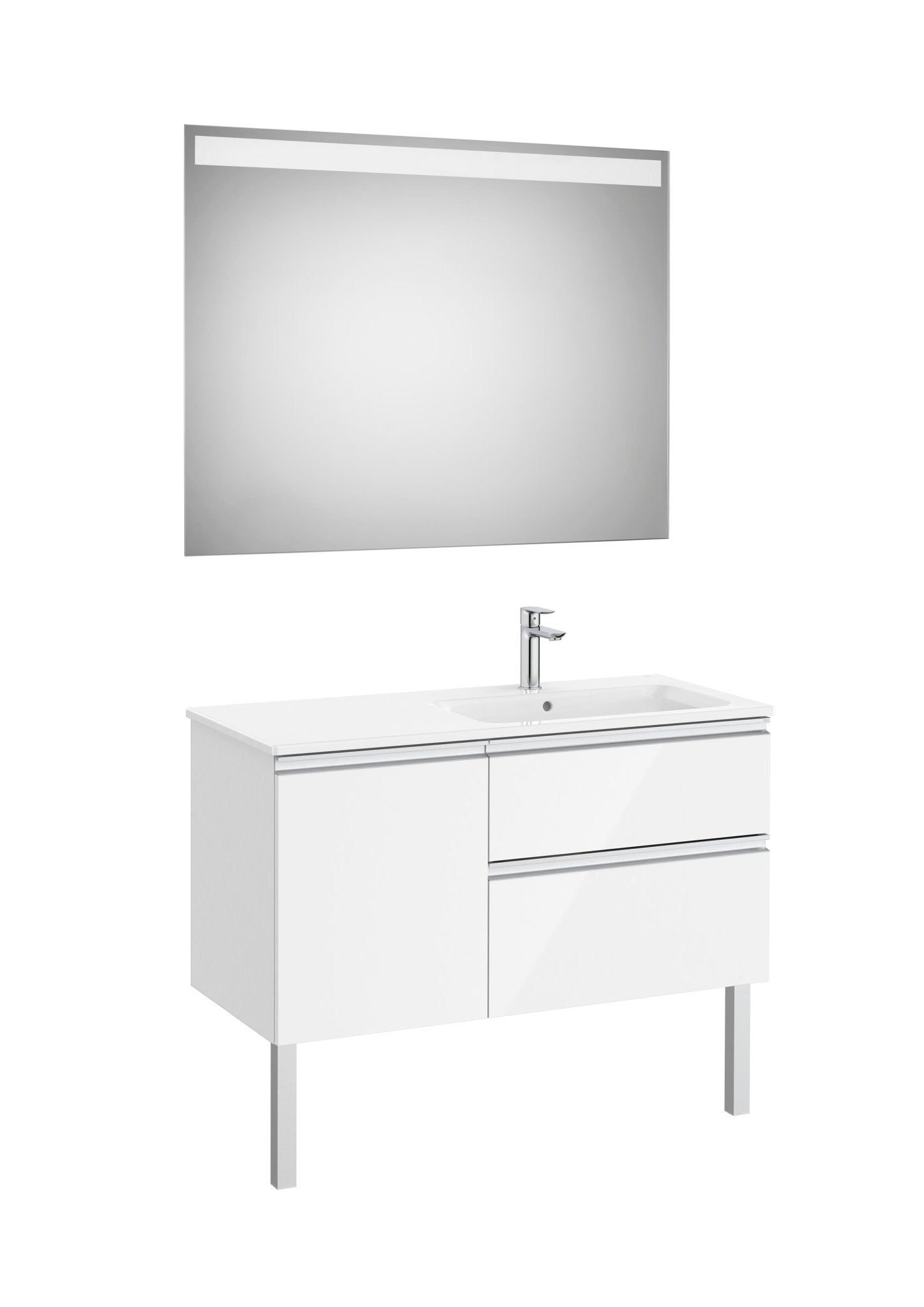 Roca - Mueble base The Gap Pack asimétrico de dos cajones, una puerta con lavabo y espejo LED Eidos - BricoandPool