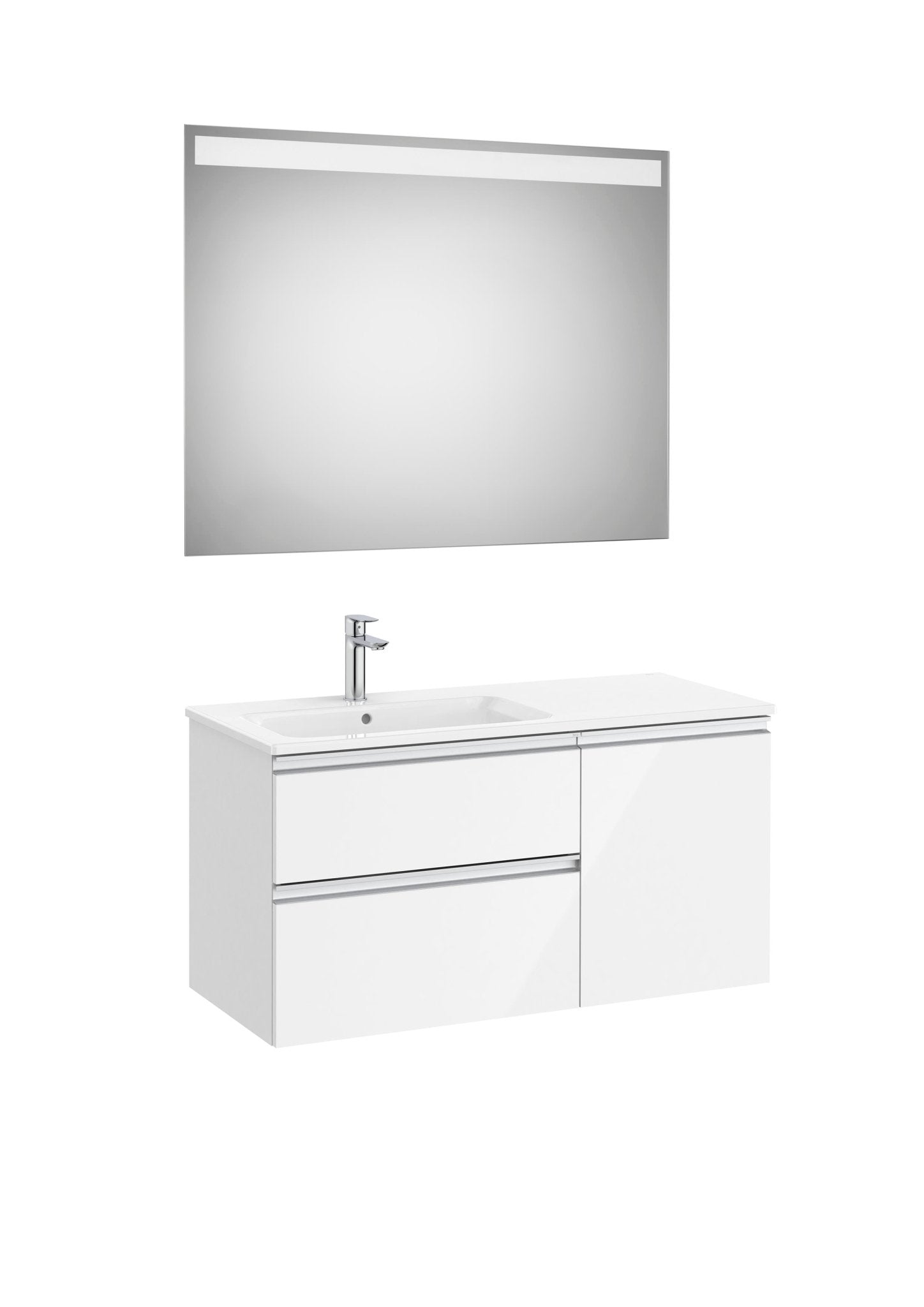 Roca - Mueble base The Gap Pack asimétrico de dos cajones, una puerta con lavabo y espejo LED Eidos - BricoandPool