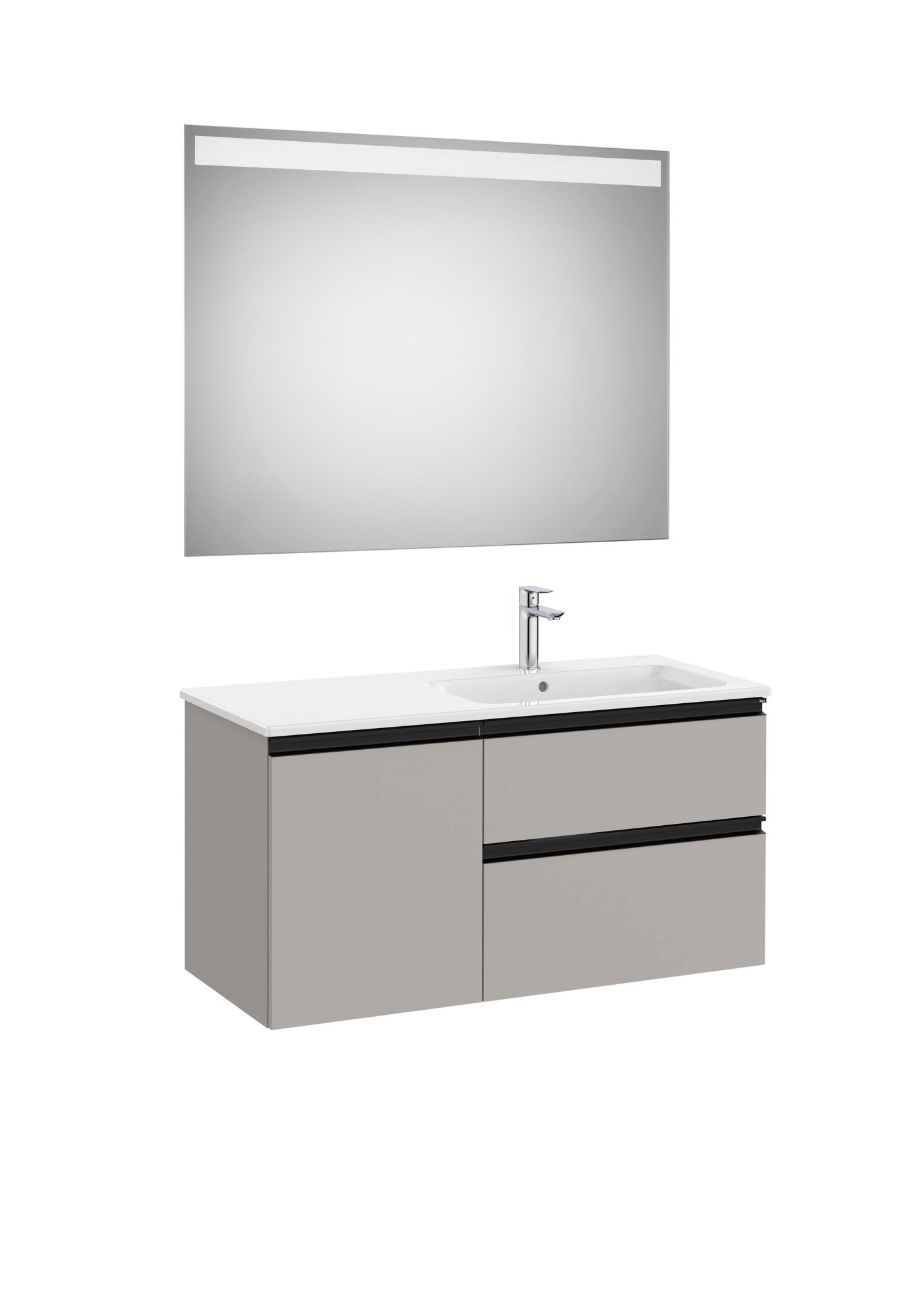 Roca - Mueble base The Gap Pack asimétrico de dos cajones, una puerta con lavabo y espejo LED Eidos - BricoandPool