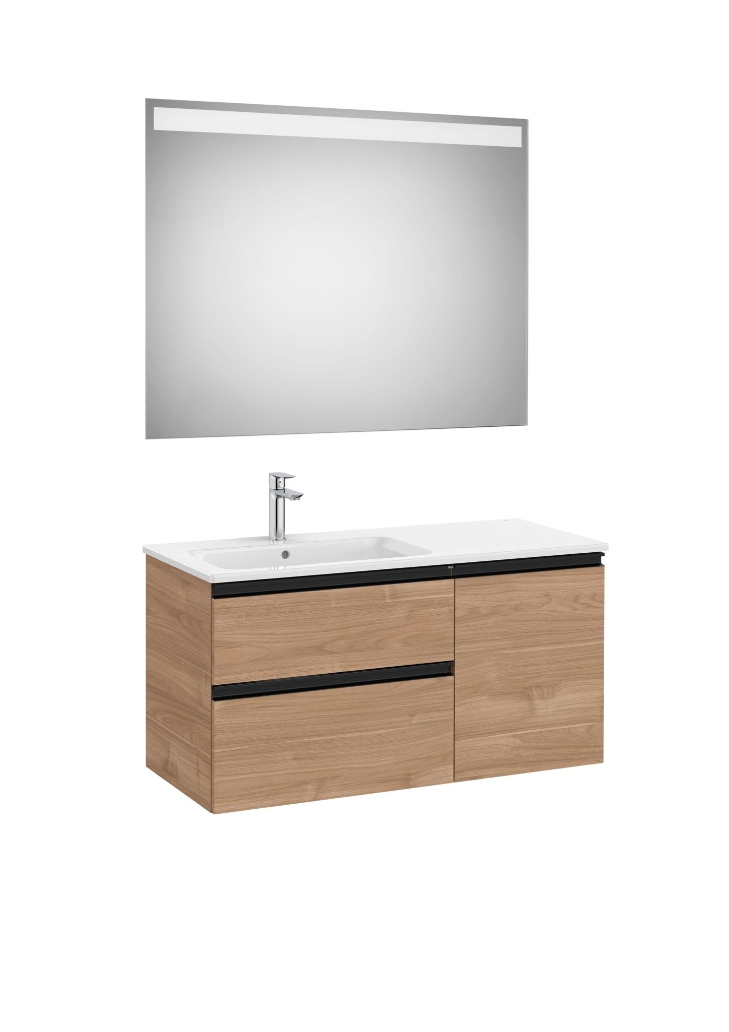 Roca - Mueble base The Gap Pack asimétrico de dos cajones, una puerta con lavabo y espejo LED Eidos - BricoandPool