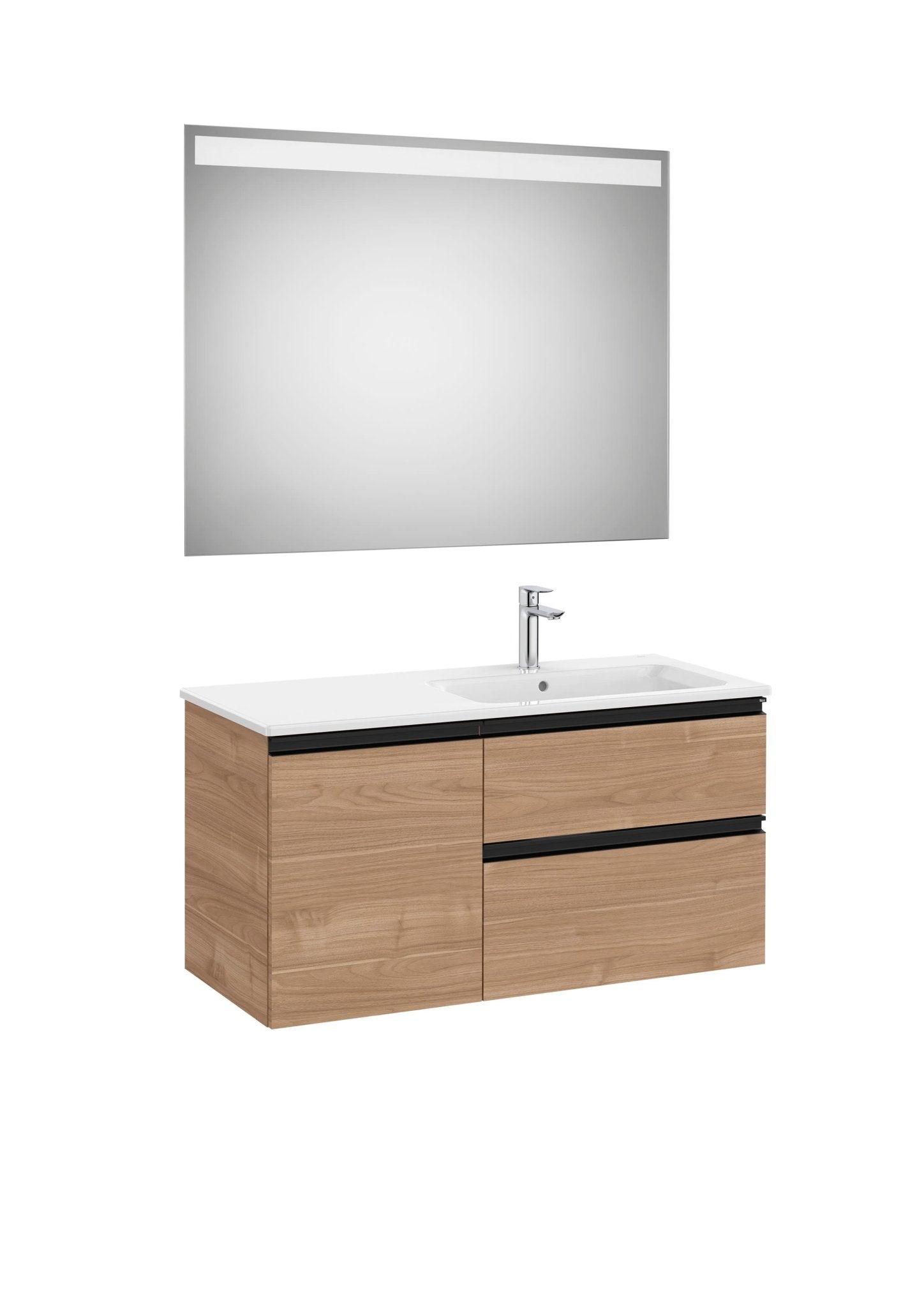 Roca - Mueble base The Gap Pack asimétrico de dos cajones, una puerta con lavabo y espejo LED Eidos - BricoandPool
