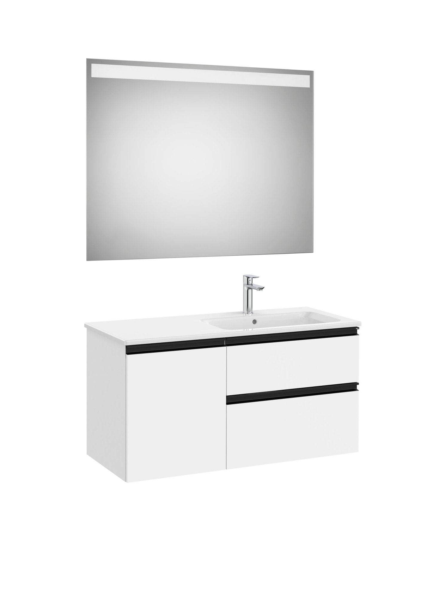 Roca - Mueble base The Gap Pack asimétrico de dos cajones, una puerta con lavabo y espejo LED Eidos - BricoandPool