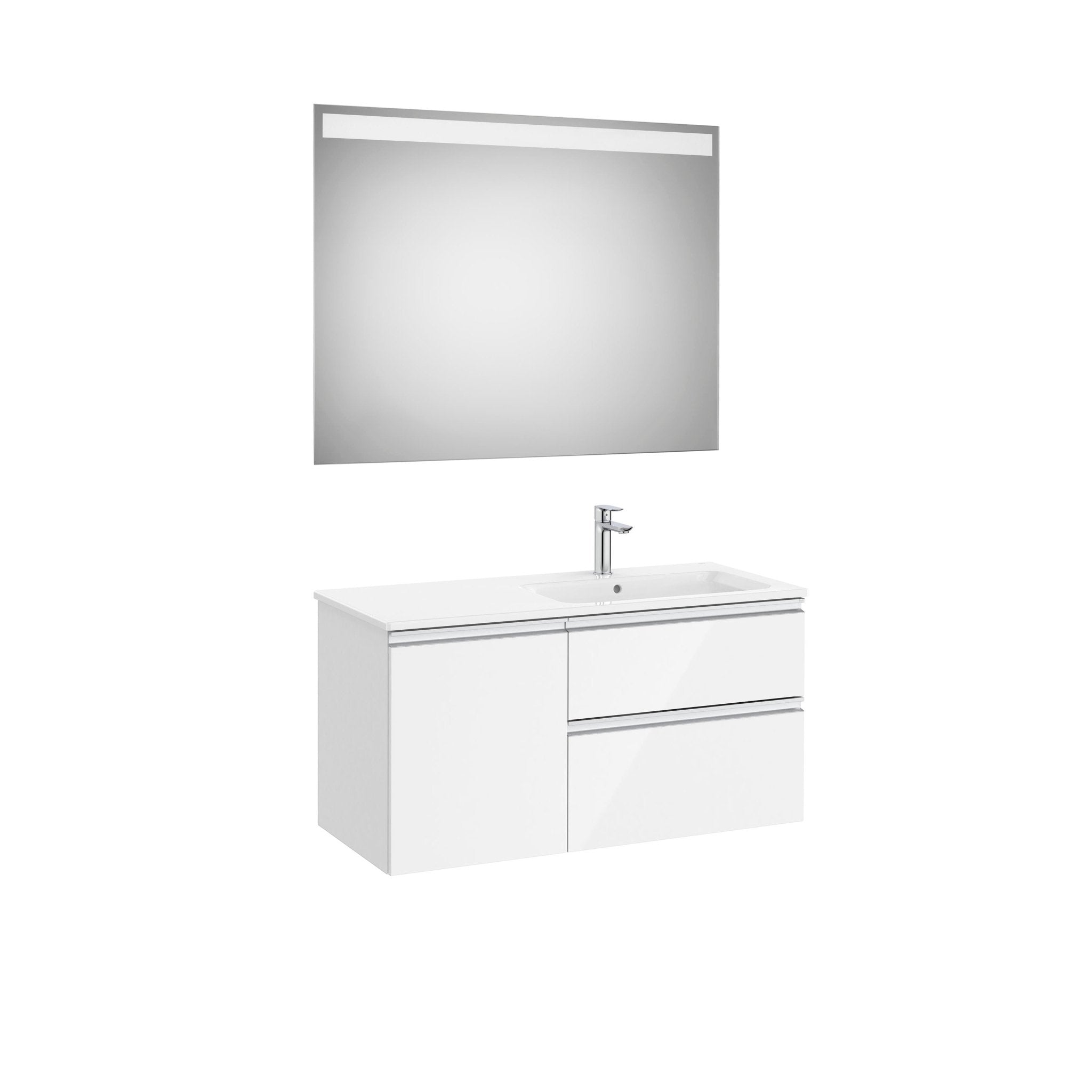 Roca - Mueble base The Gap Pack asimétrico de dos cajones, una puerta con lavabo y espejo LED Eidos - BricoandPool
