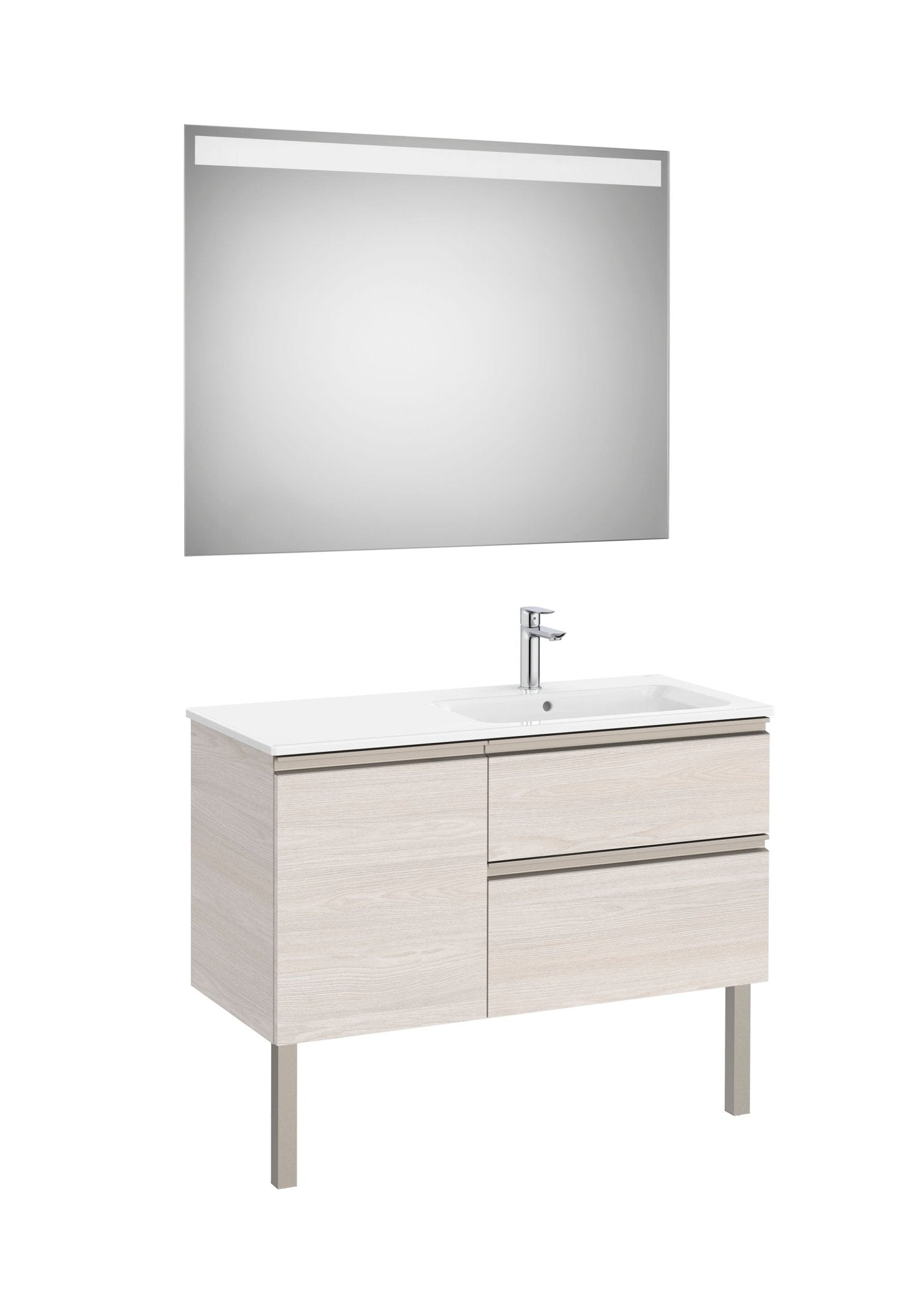Roca - Mueble base The Gap Pack asimétrico de dos cajones, una puerta con lavabo y espejo LED Eidos - BricoandPool