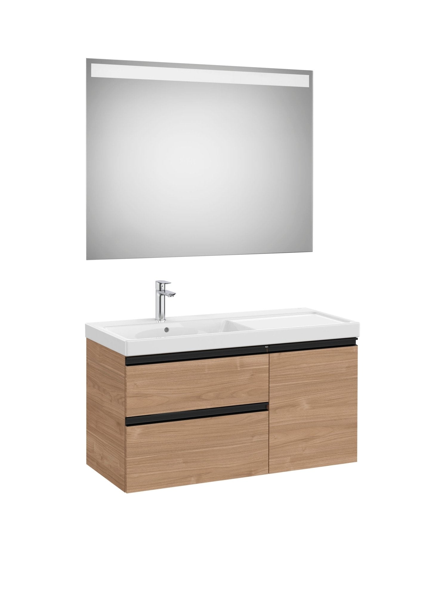 Roca - Mueble base The Gap Pack asimétrico de dos cajones y una puerta, lavabo plus y espejo LED Eidos - BricoandPool