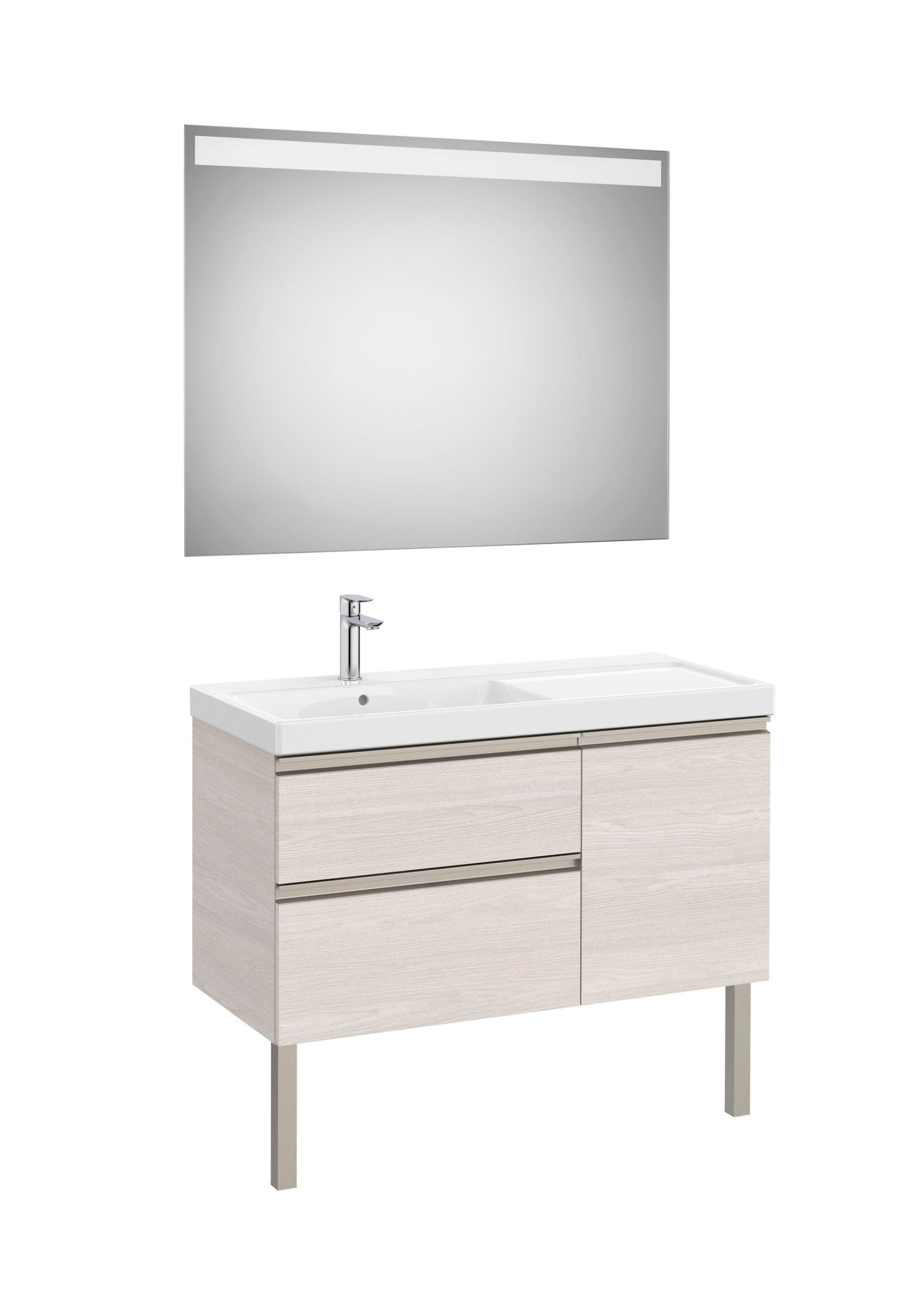 Roca - Mueble base The Gap Pack asimétrico de dos cajones y una puerta, lavabo plus y espejo LED Eidos - BricoandPool