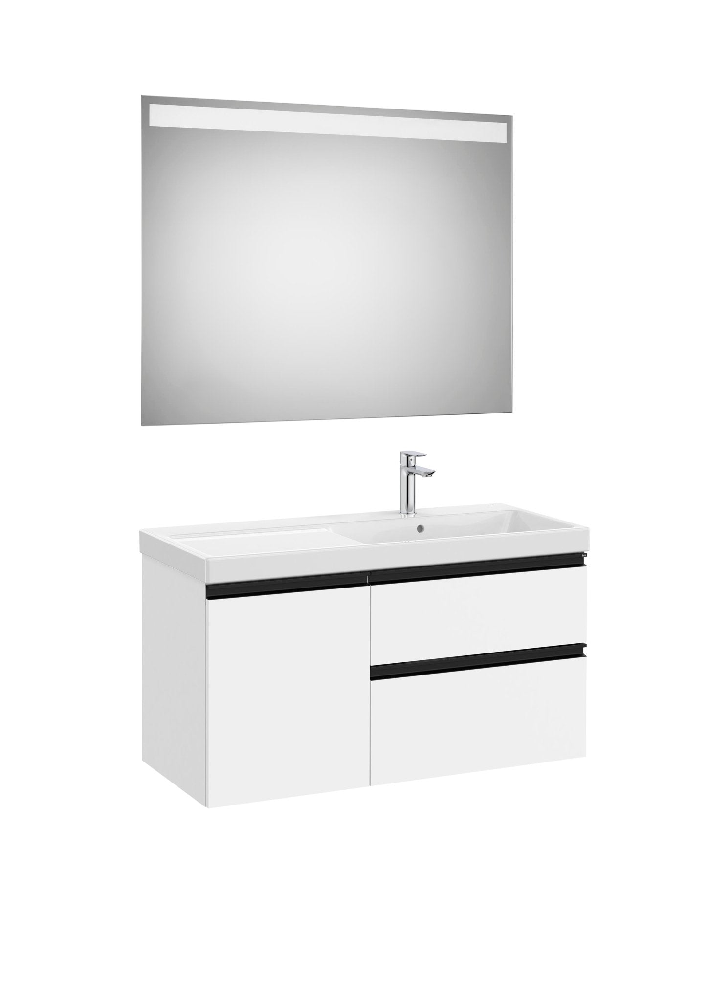 Roca - Mueble base The Gap Pack asimétrico de dos cajones y una puerta, lavabo plus y espejo LED Eidos - BricoandPool